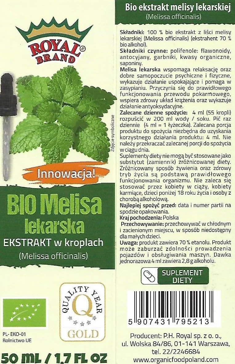 Melisa lub melisa (Melissa officinalis) liście/BIO/Organic/płynny ekstrakt krople 50 ml z pipetą