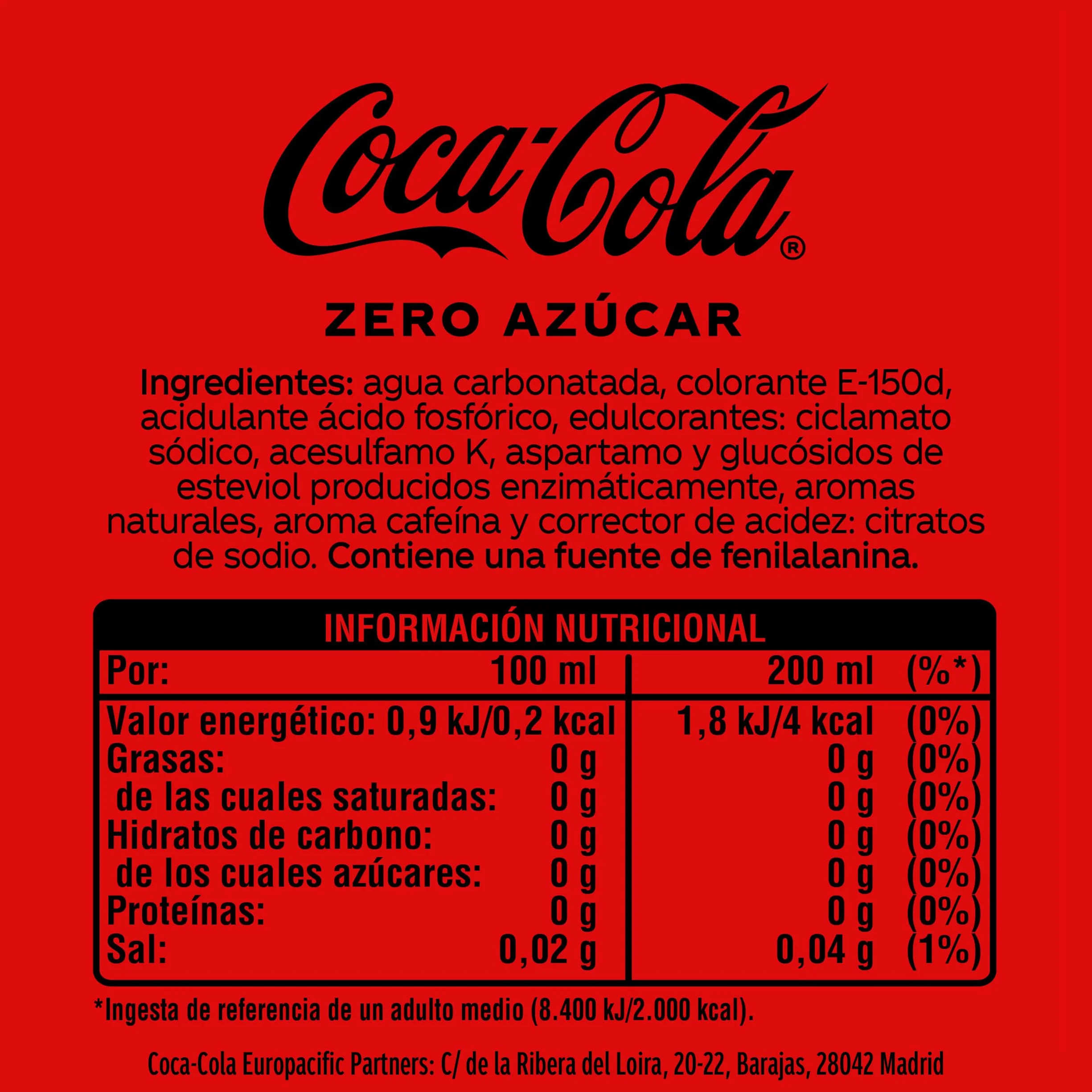 Coca -Cola Zero Azúcar - Cola läsk utan socker, utan kalorier - Förpackning med 4 glasflaskor 200 ml
