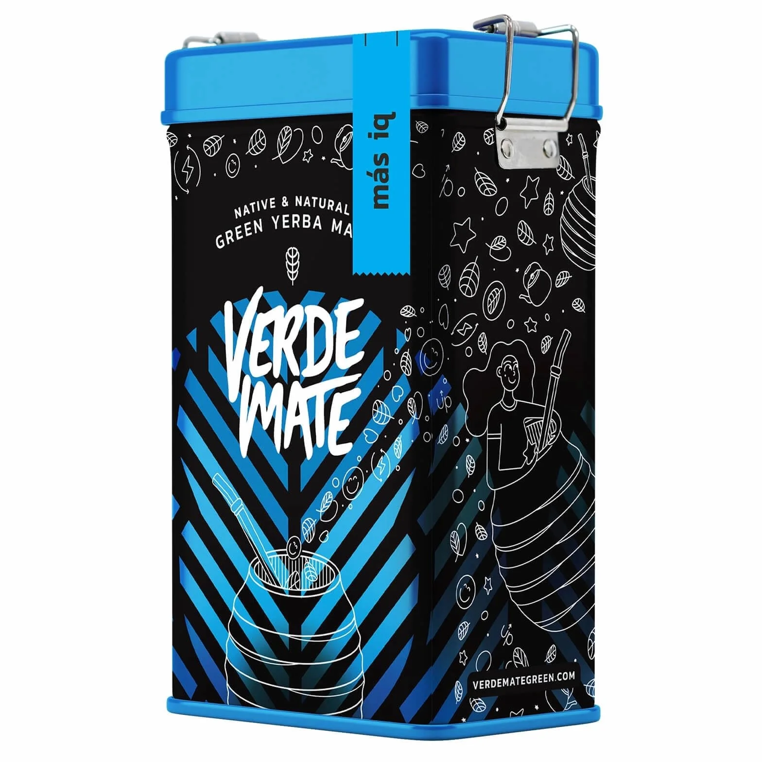 Verde Mate Green Mas IQ 0,5 kg | Yerbera | Metalowa puszka z dozownikiem | Ziołowo-owocowa yerba mate 500 g | Brazylijska | Zielona yerba mate | Herbata yerba mate z Brazylii | Suszona powietrzem