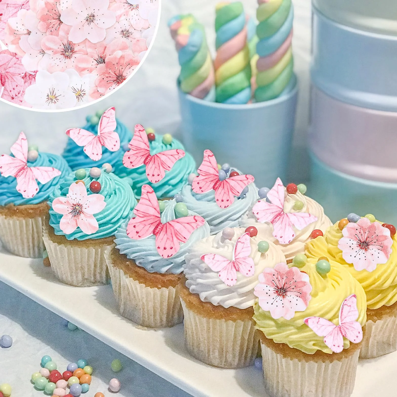 90 szt. jadalne kwiaty motyl dekoracja tortu, różowy papier waflowy motyl babeczki toppery jadalny kwiat wiśni ciasto topper ciasta kostki na baby shower dzieci urodziny dekoracje ślubne