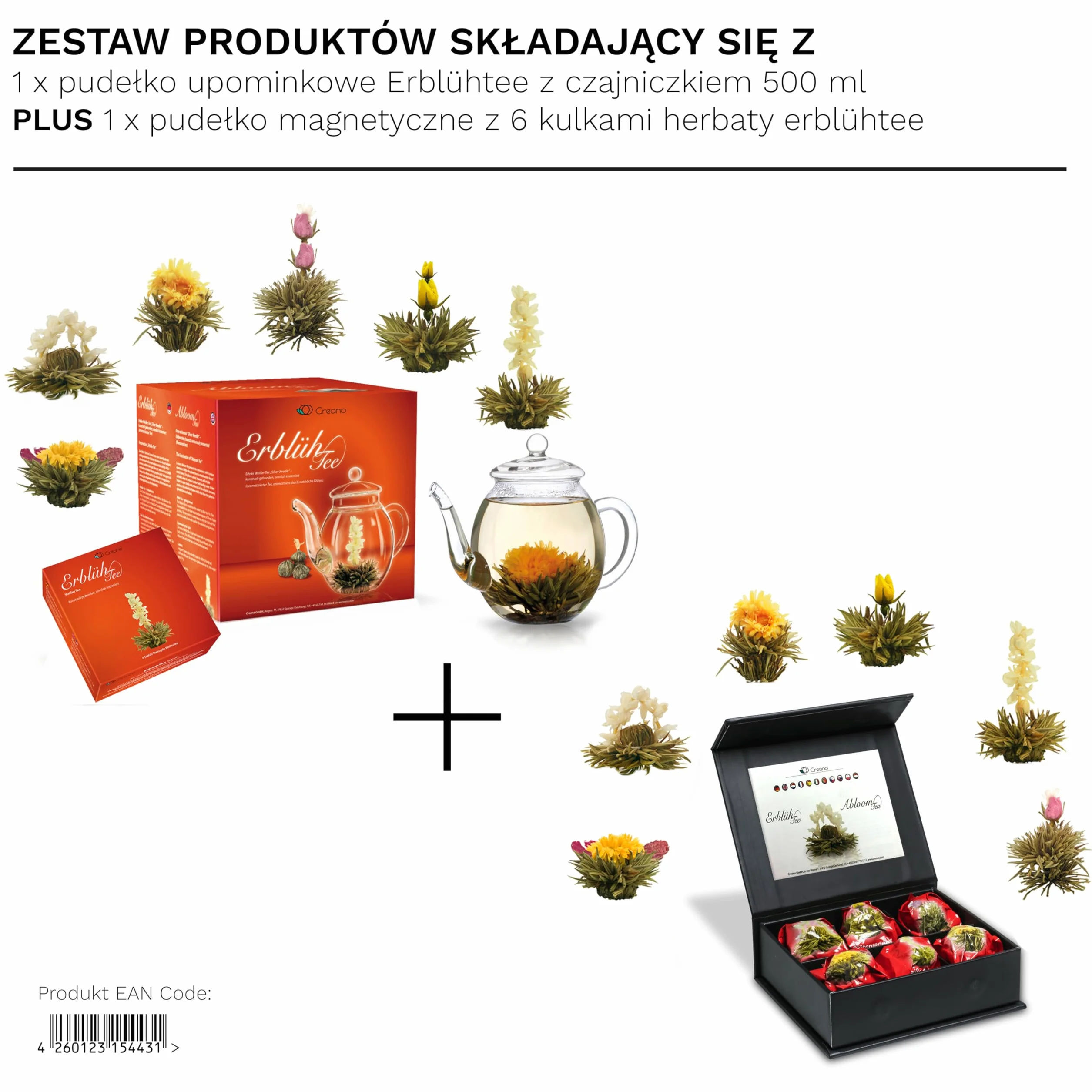 Creano zestaw upominkowy ErblühTee z szklanym dzbankiem 6 herbatkami w kształcie kulki z białej herbaty pudełko magnetyczne 6 kwiatami herbaty