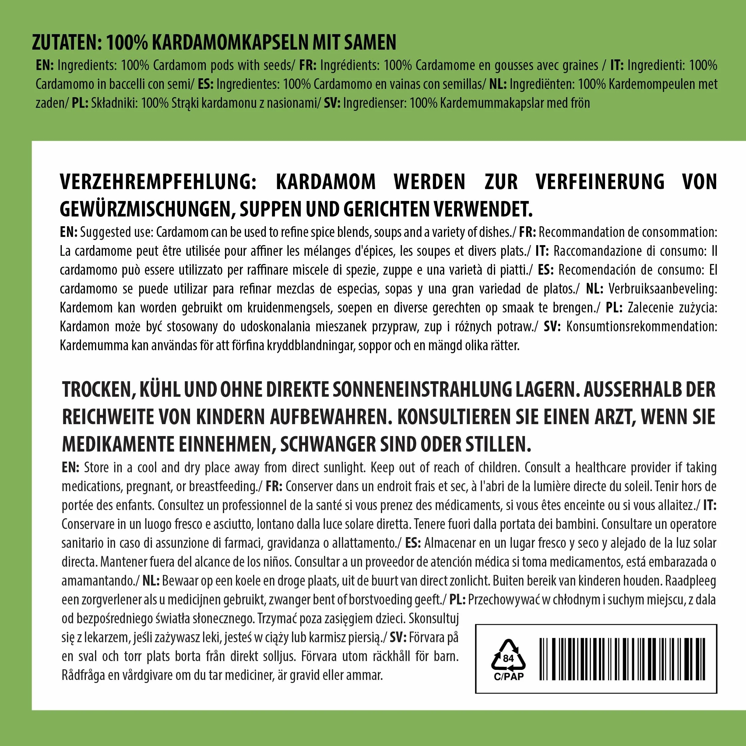 Alpi Nature Strąki Kardamonu 100g, Całe Zielone Strąki Kardamonu z Nasionami do Gotowania