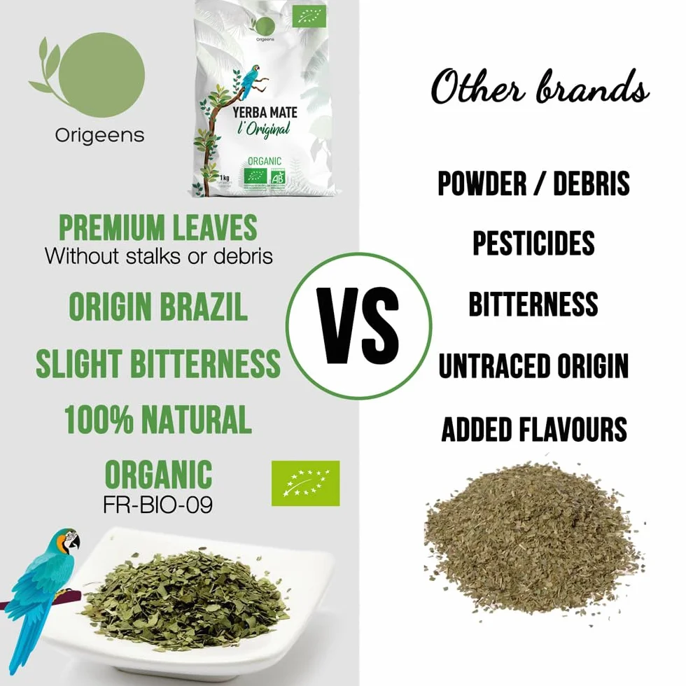 ORIGEENS Yerba Mate Organic 1KG - Zielona Yerba Maté bez dymu, bez łodygi, 0 pyłu