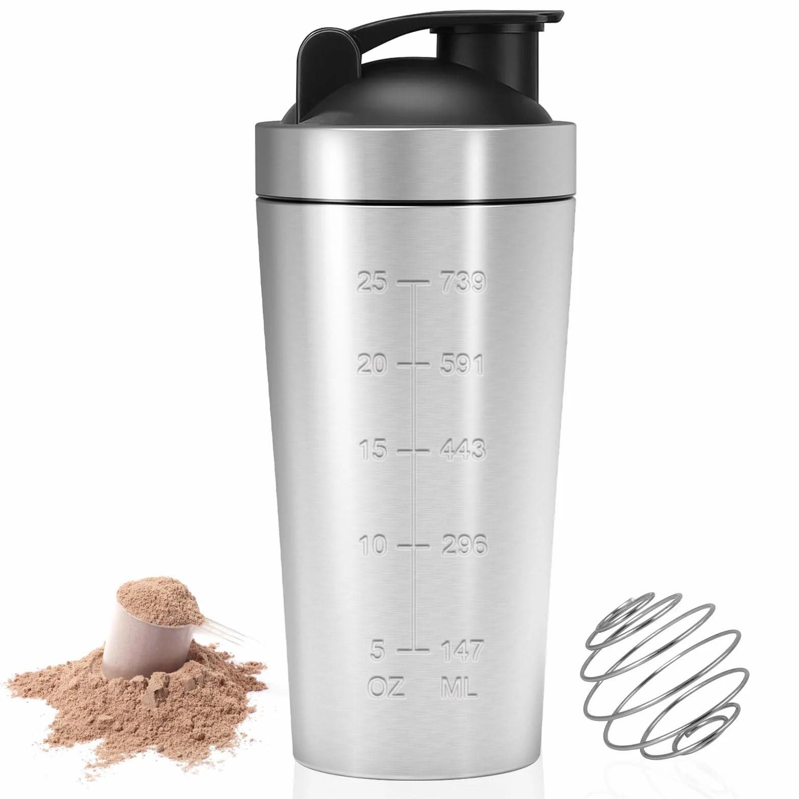 Shaker Proteinowy, 750 ml, Butelka na Białko ze Stali Nierdzewnej, Shaker z Kulką, Kubek do Shake'a, Stalowa Butelka do Napojów Proteinowych i Sportowych