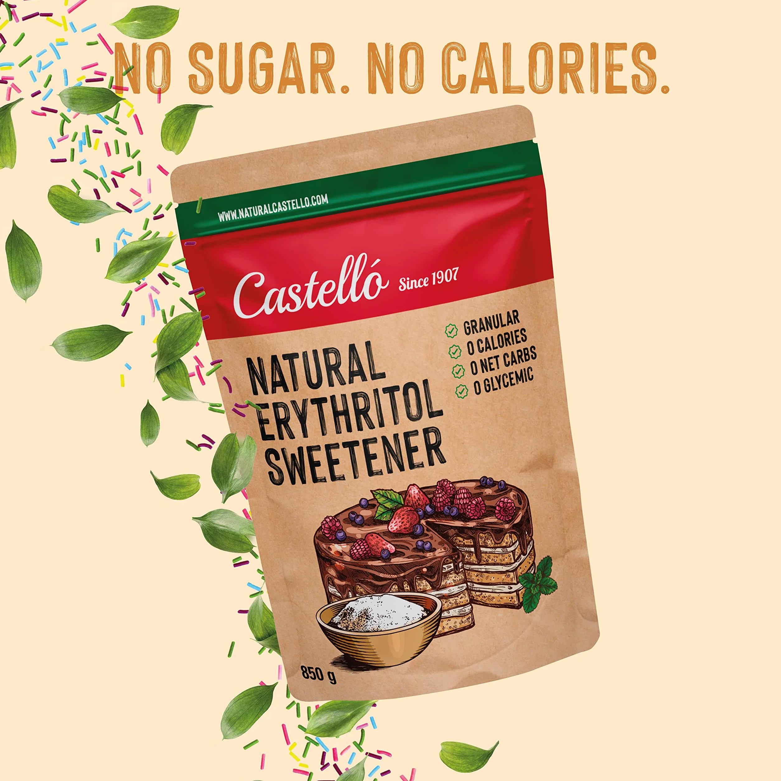 Słodzik z Erytrytol - Granulowany | 10g = 7g cukru | Słodzik o 100% naturalnym smaku - 0 Kalorii - 0 Indeks Glikemiczny - Keto i Paleo - 0 Węglowodanów Netto - Bez GMO - Castello since 1907-850 g