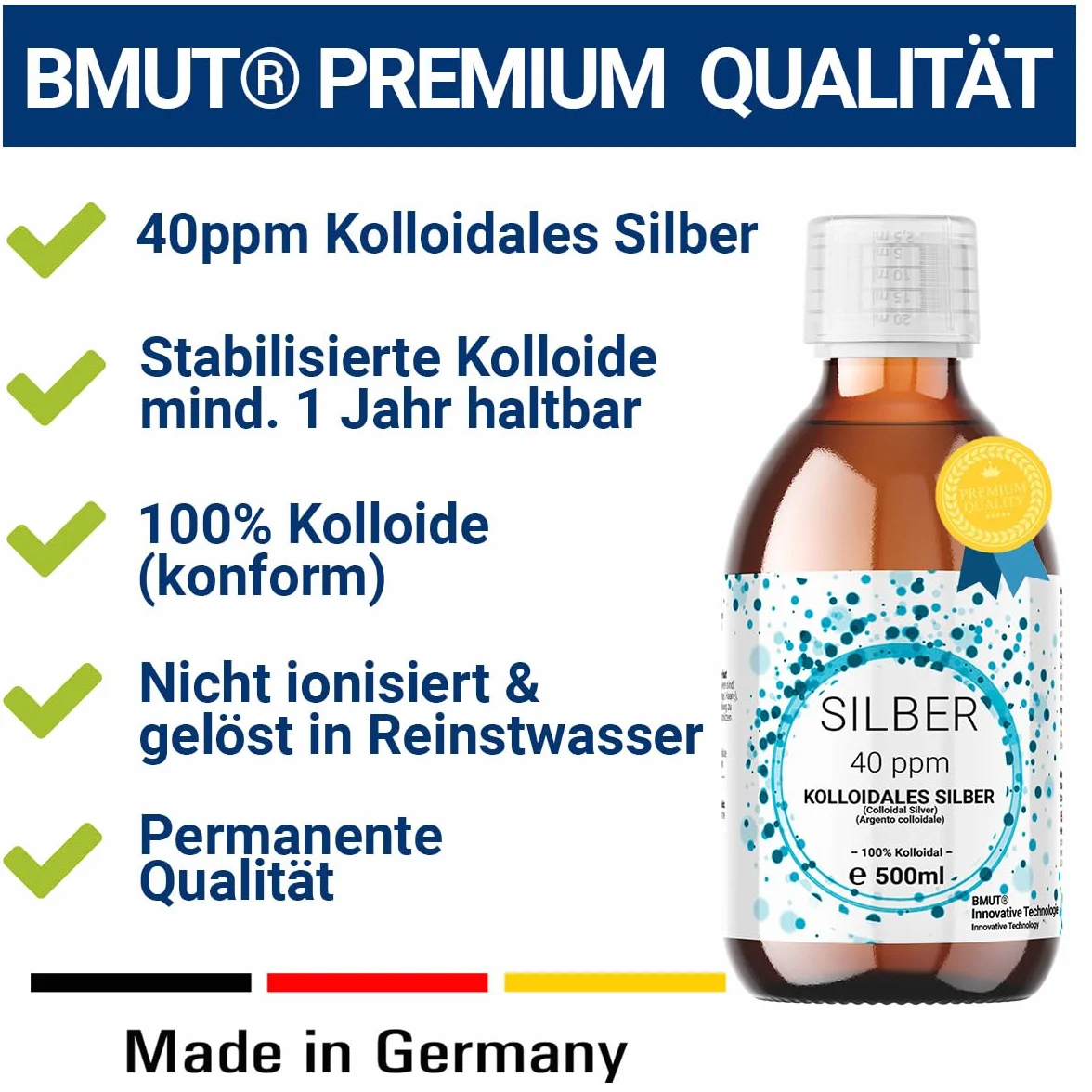 1 x 500 ml srebra koloidalnego (40 ppm) w brązowej szklanej butelce z rozpylaczem 30 ml, srebrna woda, czysta woda, 100% koloidalna