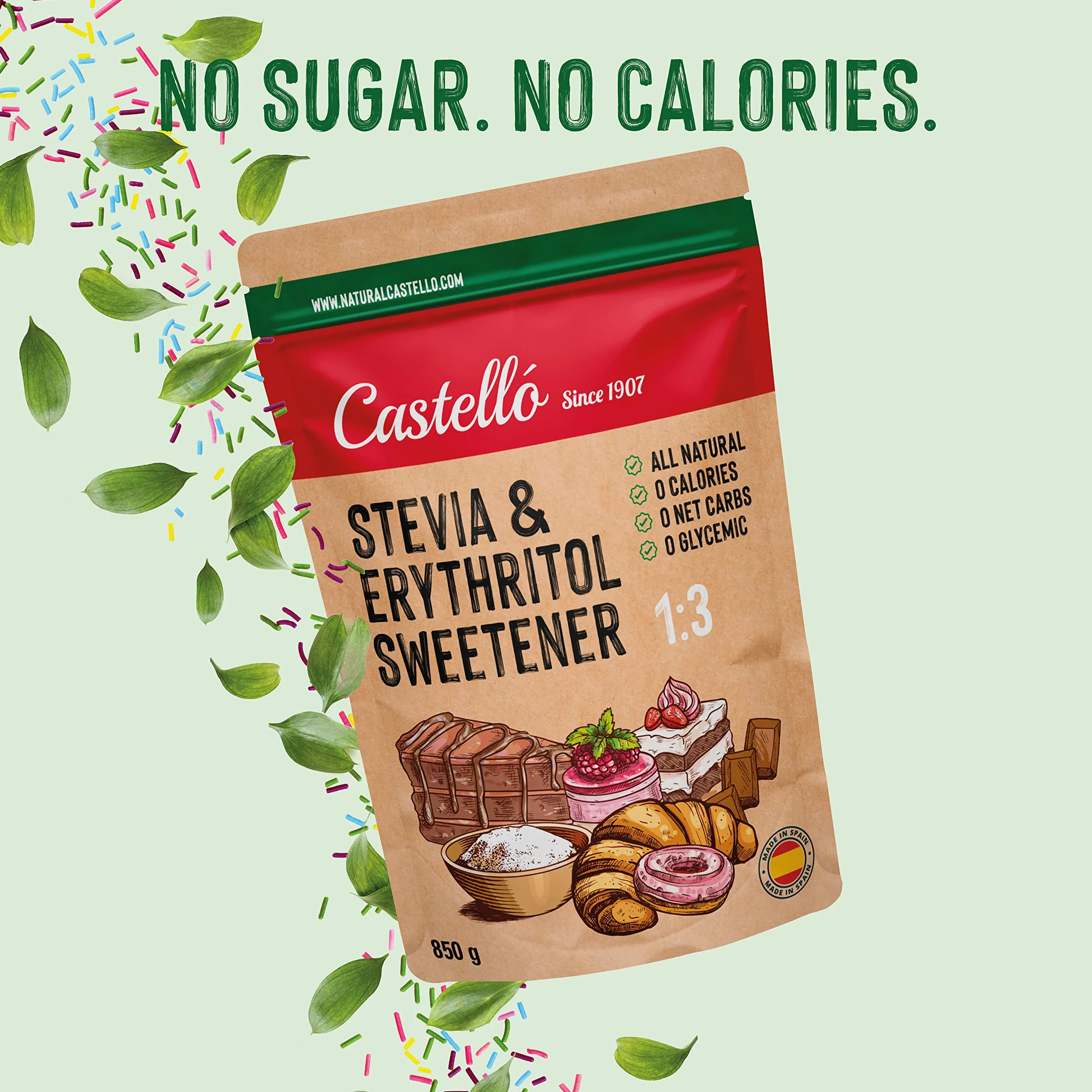 Słodzik Stevia + Erytrytol 1:3 | 1g = 3g cukru | Słodzik o 100% naturalnym smaku - 0 Kalorii - 0 Indeks Glikemiczny - Keto i Paleo - 0 Węglowodanów Netto - Bez GMO - Castello since 1907-850 g