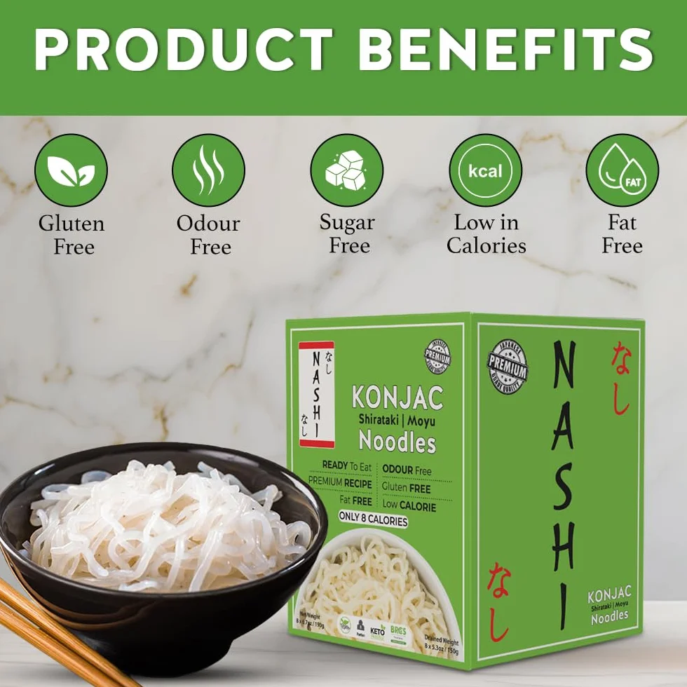 Nashi Konjac Shirataki Premium Noodles (8 × 190 g) - Bez zapachu, odpowiedni dla wegan, beztłuszczowy i niskokaloryczny, przyjazny dla glukomannanu keto, dieta niskowęglowodanowa, gotowa do spożycia