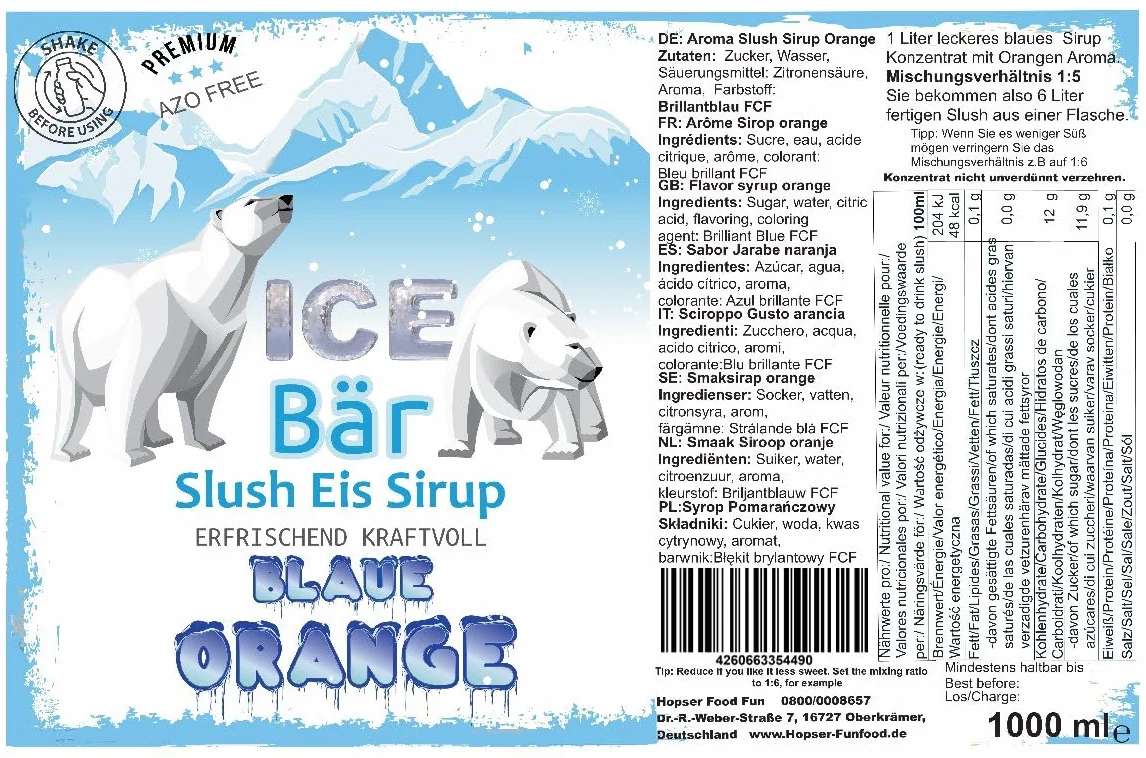 ICE Bear syrop wolny od azu, butelka 1 l, koncentrat do przyrządzania napojów slushy, maszyn do lodów, maszyn do lodów od 1:5 do 1:20 (niebieski pomarańczowy)