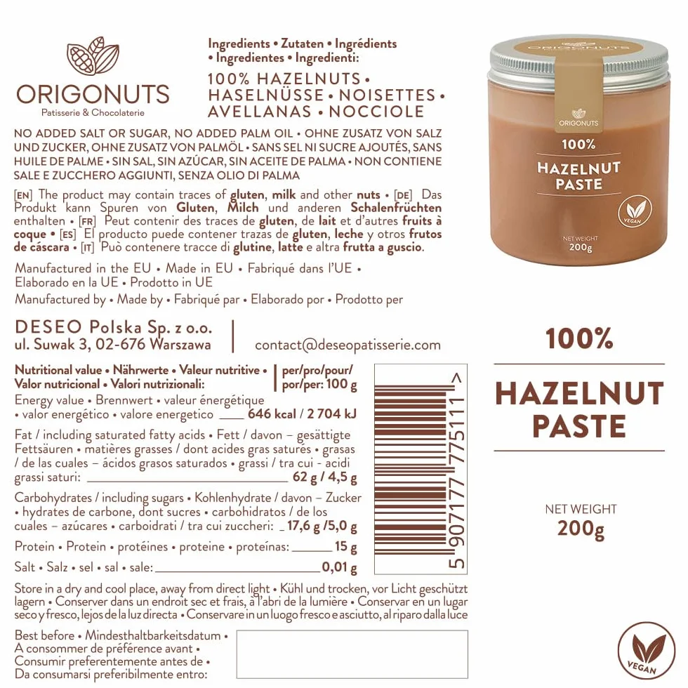 ORIGONUTS - Pasta z Orzechów Laskowych - 100% Orzechów Laskowych, bez soli, cukru i barwników - do ciast, ciasteczek, tortów, jako pasta do smarowania pieczywa, kremów, do pieczenia - 200g