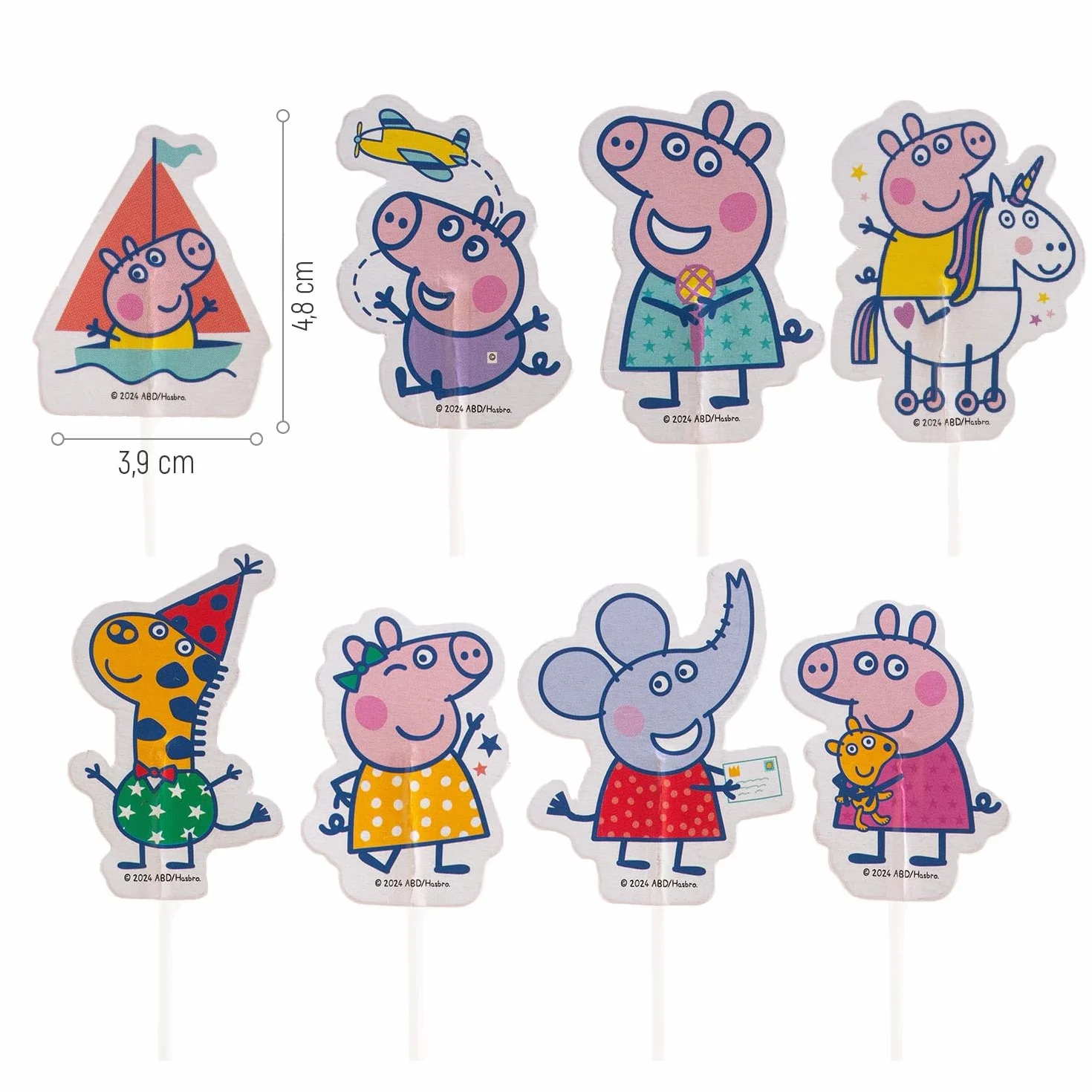 Peppa Pig Zestaw 16 topperów na tort i babeczki 8 wzorów Papierowe dekoracje 11 cm