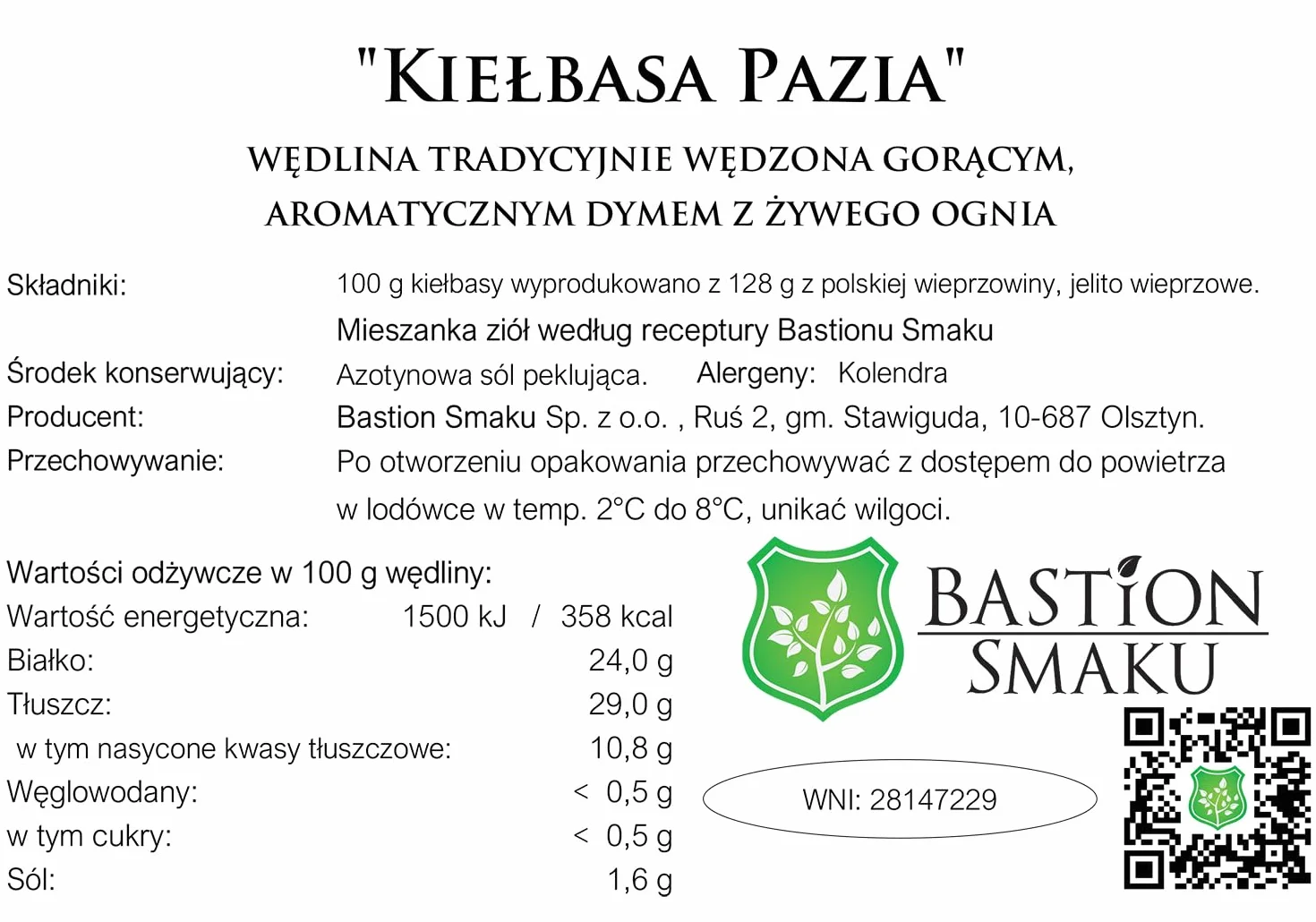 Suszona kiełbasa wieprzowa – marynowana w ziołach i tradycyjnie wędzona – tradycyjna wędzona i suszona kiełbasa wiejska, intensywny aromat jałowca i czosnku 2op. x 450g = 900g