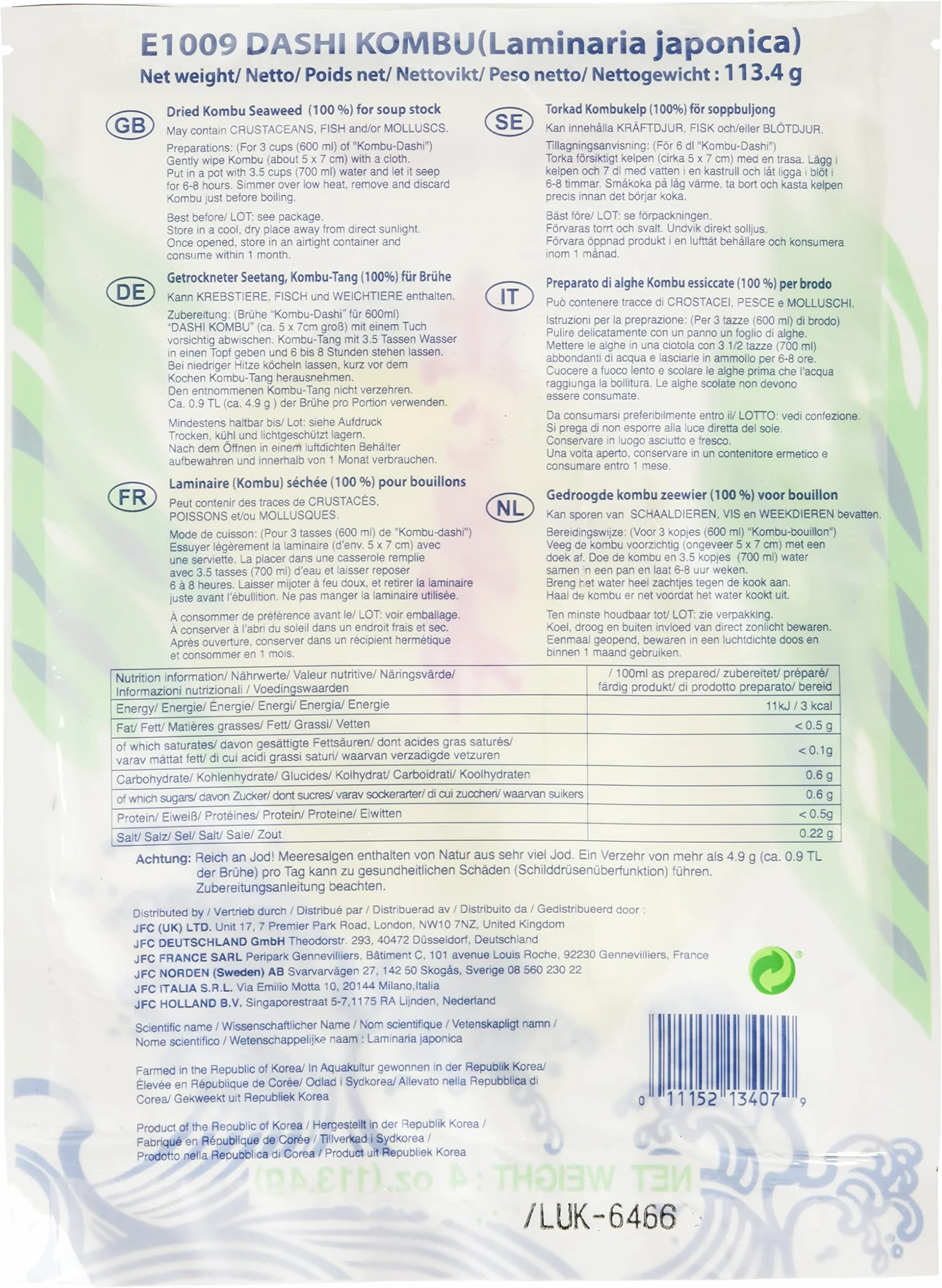 Algi do bulionu Dashi konbu vel-PAK 113,4 G Korea - Unité (1 pièce)