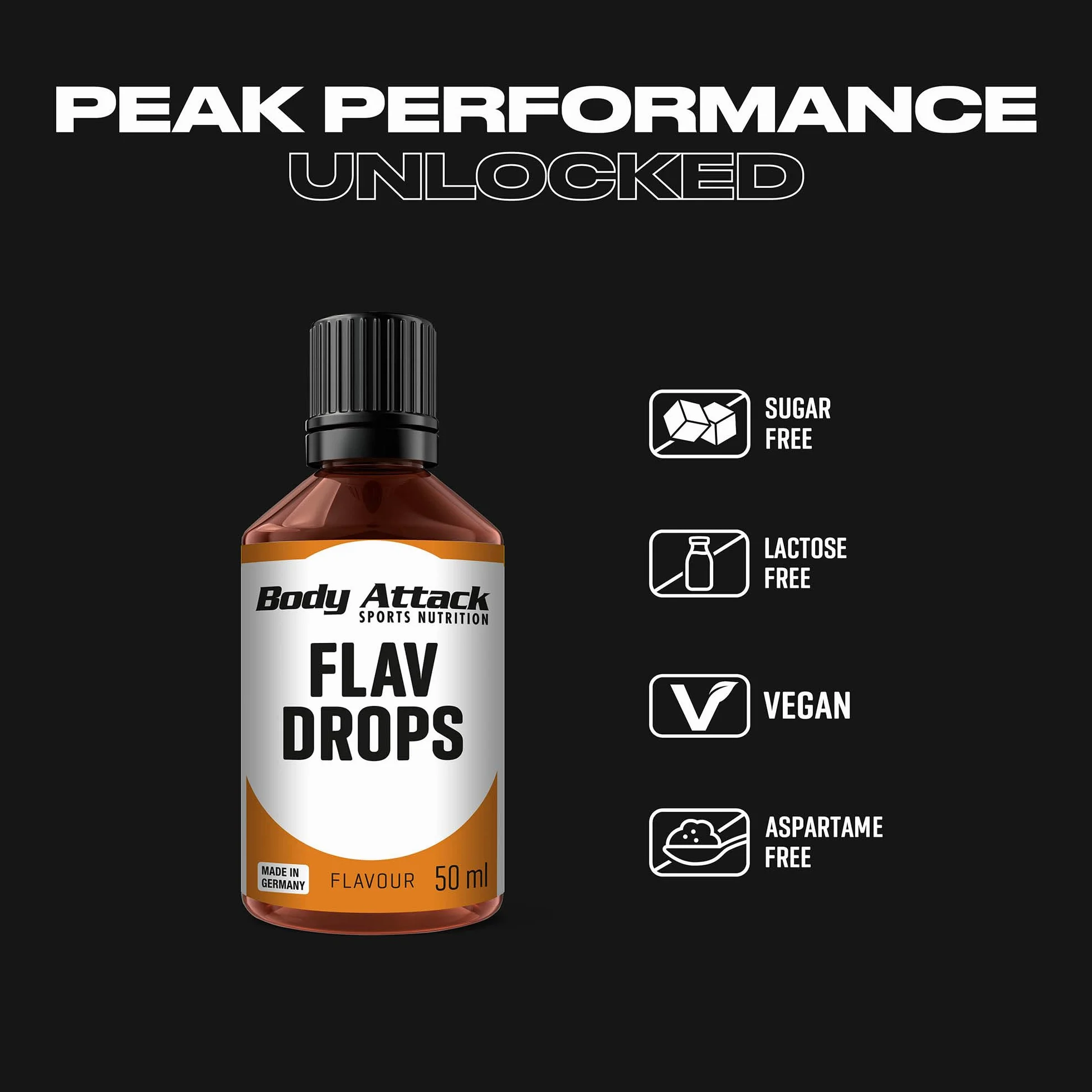 Body Attack Flav Drops®, 50 ml, Cookies'n Cream, krople aromatyczne do żywności, bez cukru, bez kalorii, wegańskie i wysokiej jakości, Made in Germany