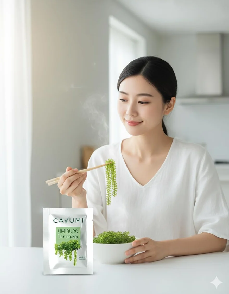 CAVUMI Sea Grapes 20 g / gąsienice morskie jako przekąska z alg / suszone algi morskie / Umibudo jako chrupiący zielony kawior