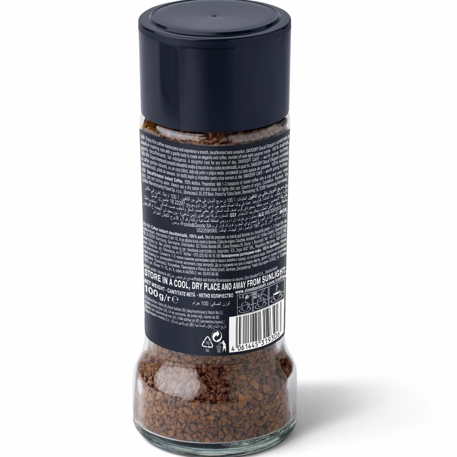 Davidoff Decaf Elegant, Kawa Rozpuszczalna, 100% Arabika, Bezkofeinowa, Intensywność 6/12, 100g