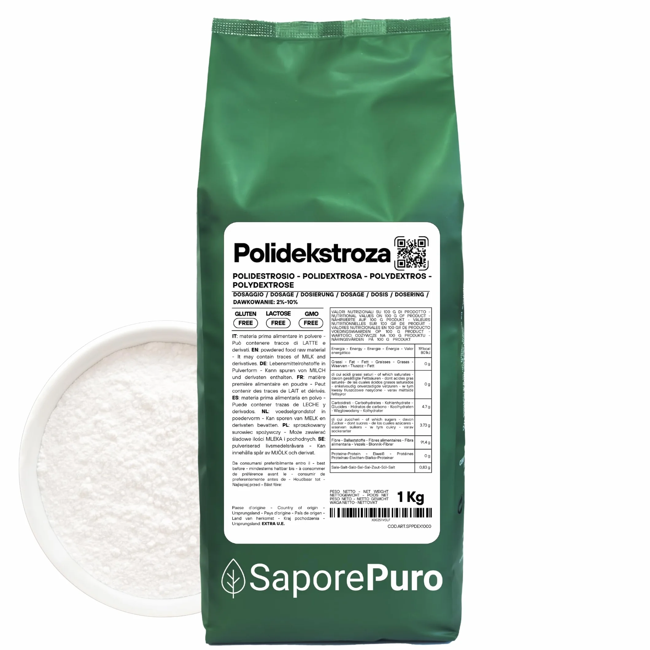 SaporePuro Polidekstroza w proszku 1 kg – Rozpuszczalny błonnik pokarmowy – Niskokaloryczny, zagęstnik i stabilizator, idealny do lodów, deserów, wypieków i napojów