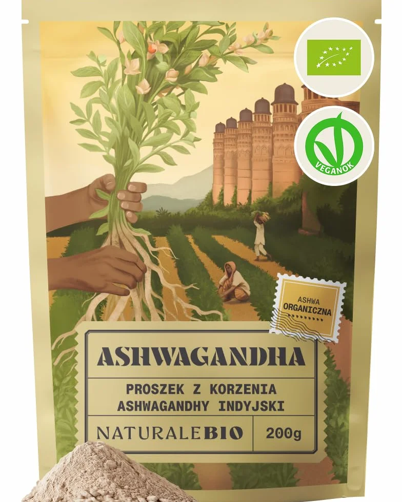 Organiczna Ashwagandha w proszku 200g. Naturalny i czysty, wyprodukowany w Indiach z organicznego korzenia Withania somnifera. NaturalBio