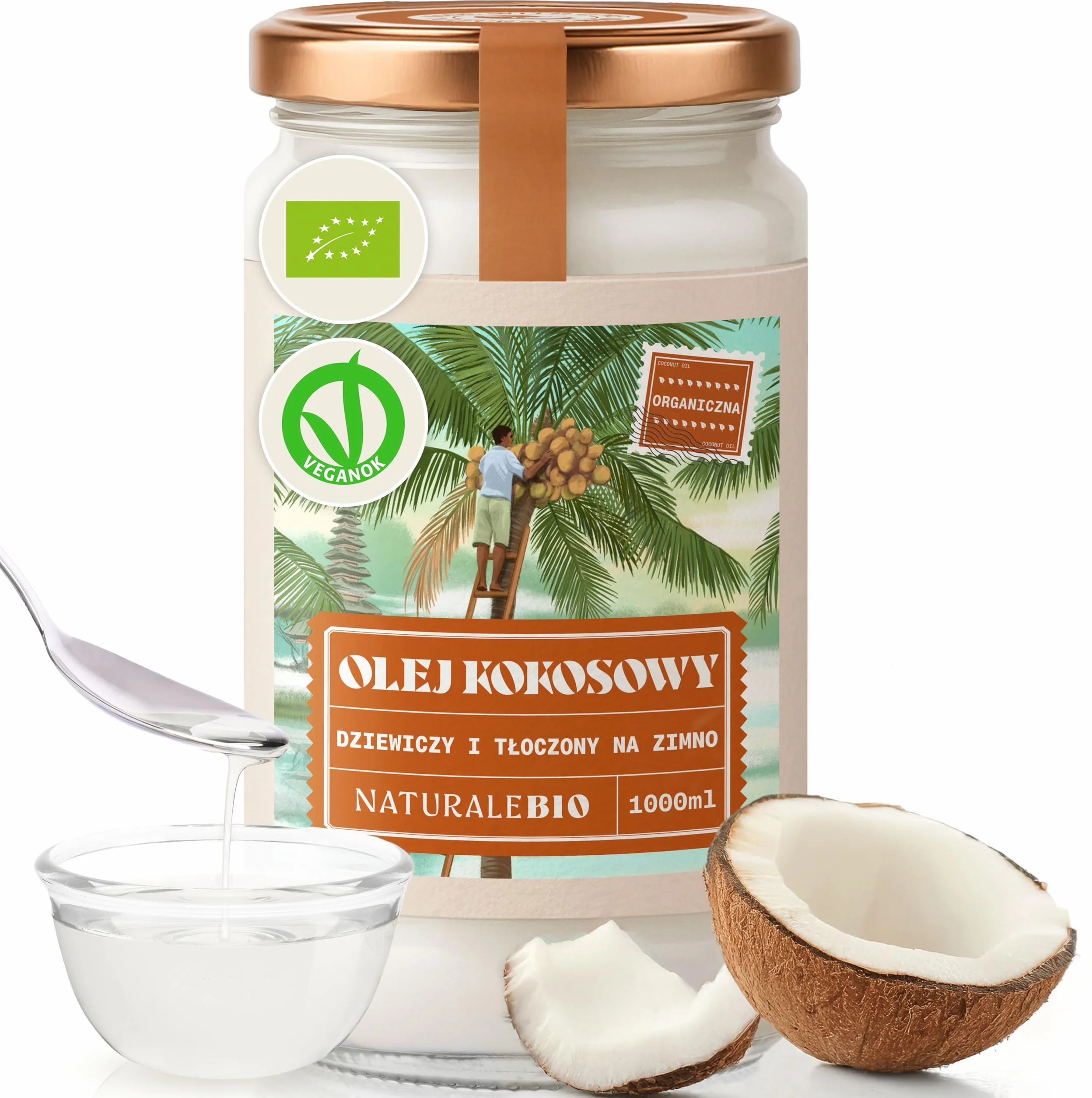 Olej kokosowy ekologiczny Extra Virgin 1000 ml. Surowy i tłoczony na zimno. 100% organiczny, naturalny i czysty. Bio natywny i nierafinowany. Kraj pochodzenia Sri Lanka. NaturaleBio