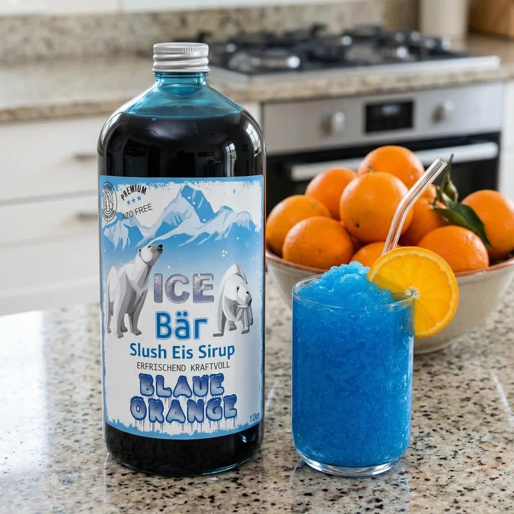 ICE Bear syrop wolny od azu, butelka 1 l, koncentrat do przyrządzania napojów slushy, maszyn do lodów, maszyn do lodów od 1:5 do 1:20 (niebieski pomarańczowy)