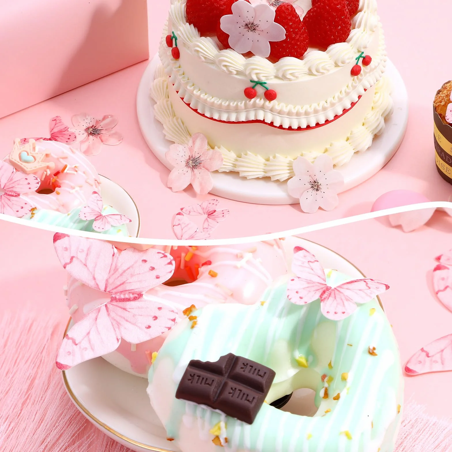 90 szt. jadalne kwiaty motyl dekoracja tortu, różowy papier waflowy motyl babeczki toppery jadalny kwiat wiśni ciasto topper ciasta kostki na baby shower dzieci urodziny dekoracje ślubne