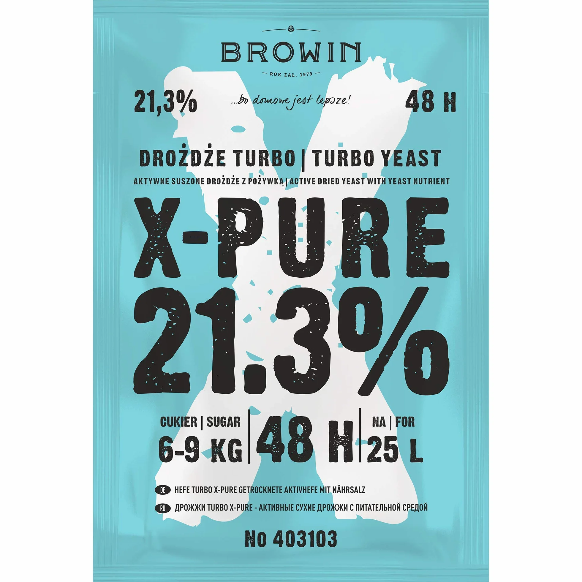 Browin 403103 Drożdże Turbo X-Pure 21,3%, 48h - do nastawów wysokoprocentowych, cukrowych, owocowych i zbożowych, na 25 L nastawu, 135 g!