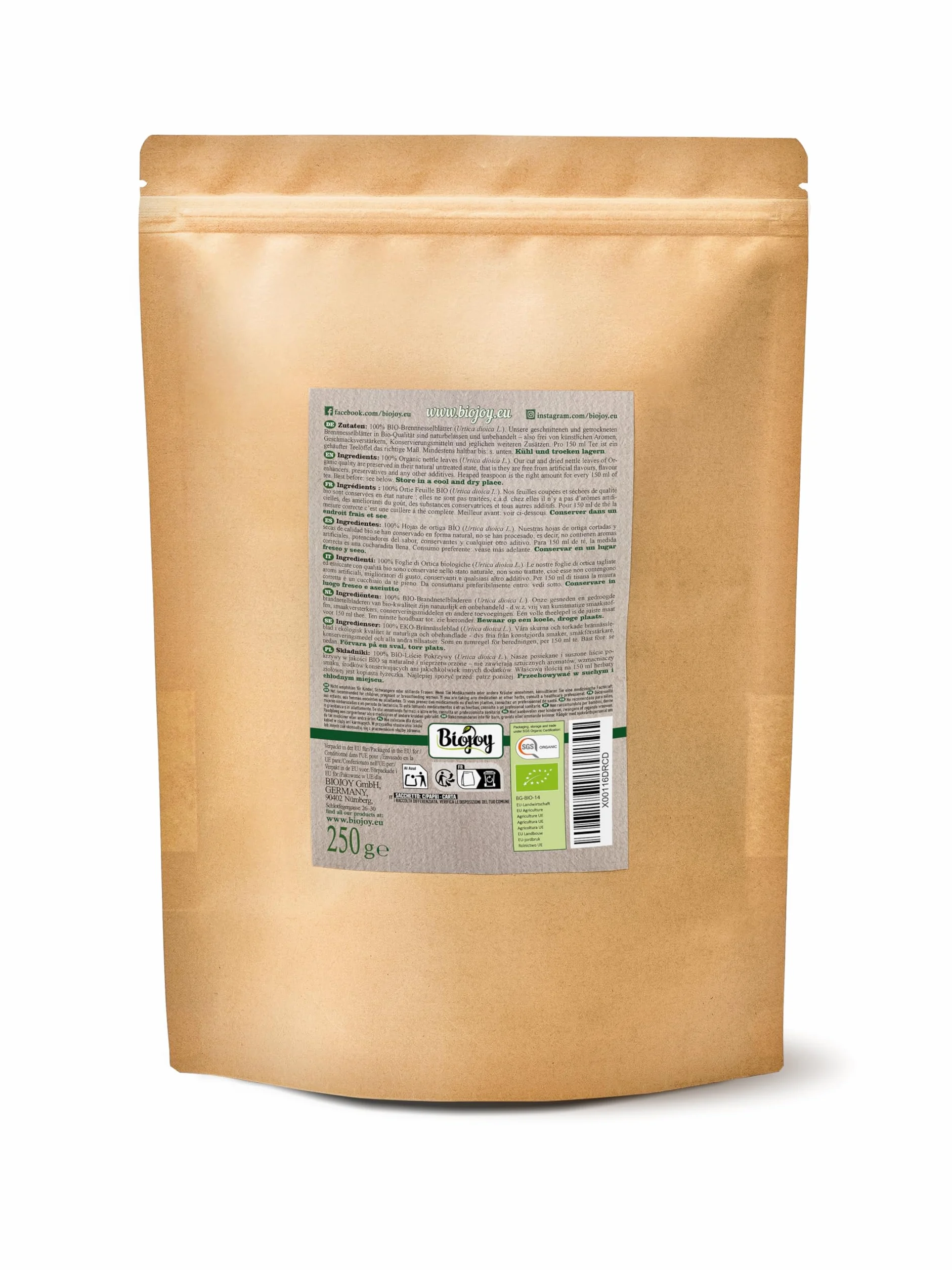 Biojoy BIO-Liście Pokrzywy (250 g), suszony i posiekane, herbata z pokrzywem, bez dodatków (Urtica dioica)