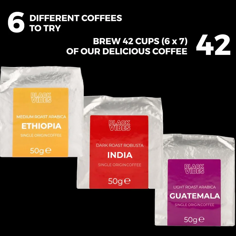 Black Vibes - WORLD'S COFFEES | Zestaw Prezentowy - Kawa Mielona 300g (6x50g) | 6 Najwyższej Jakości Kaw Jednorodnych | Pomysł na Prezent dla niego lub dla niej