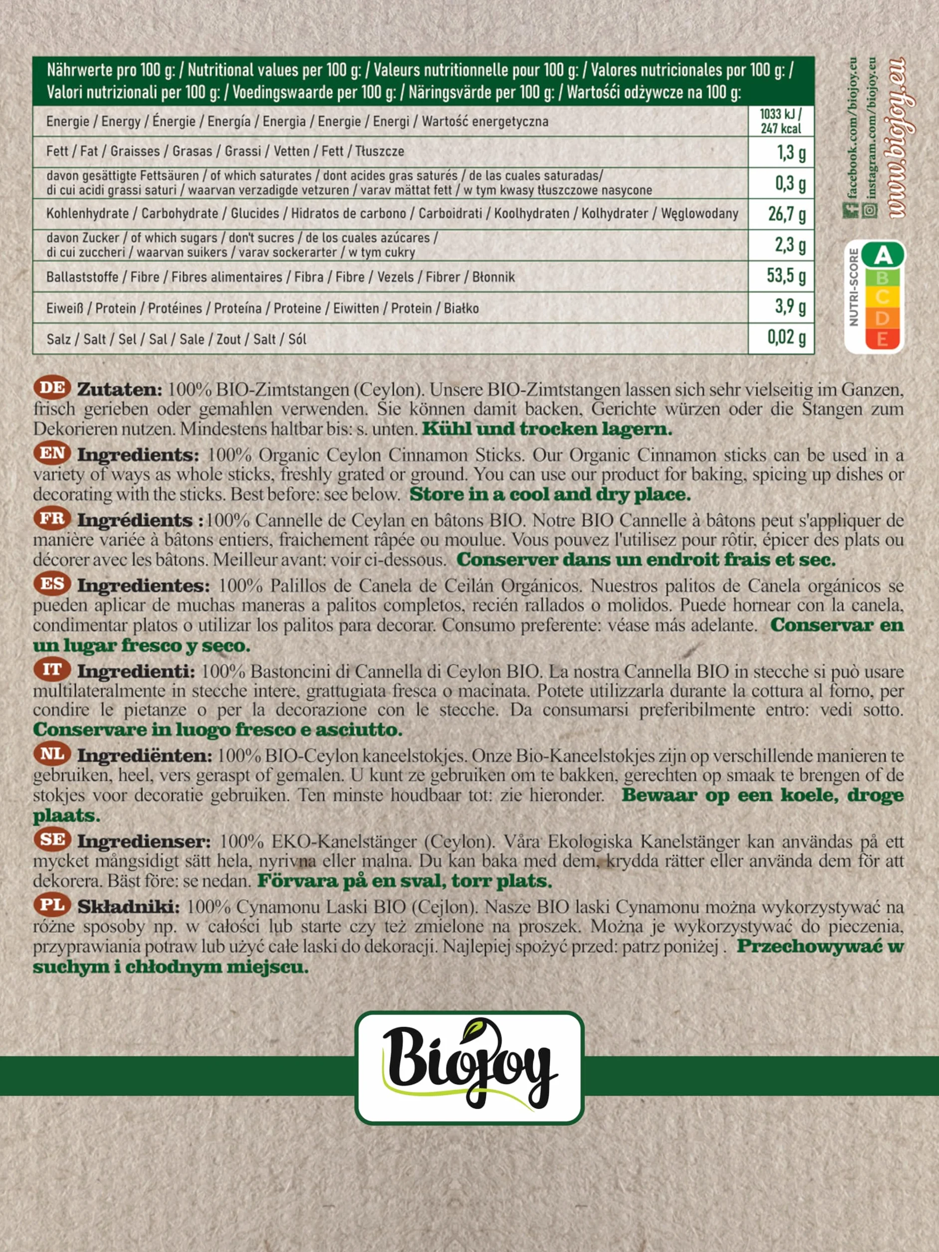 Biojoy BIO-Ceylon drążki cynamonowe 8-12 cm (150 g), całe, ok. 30 sztuk (Cinnamomum verum)