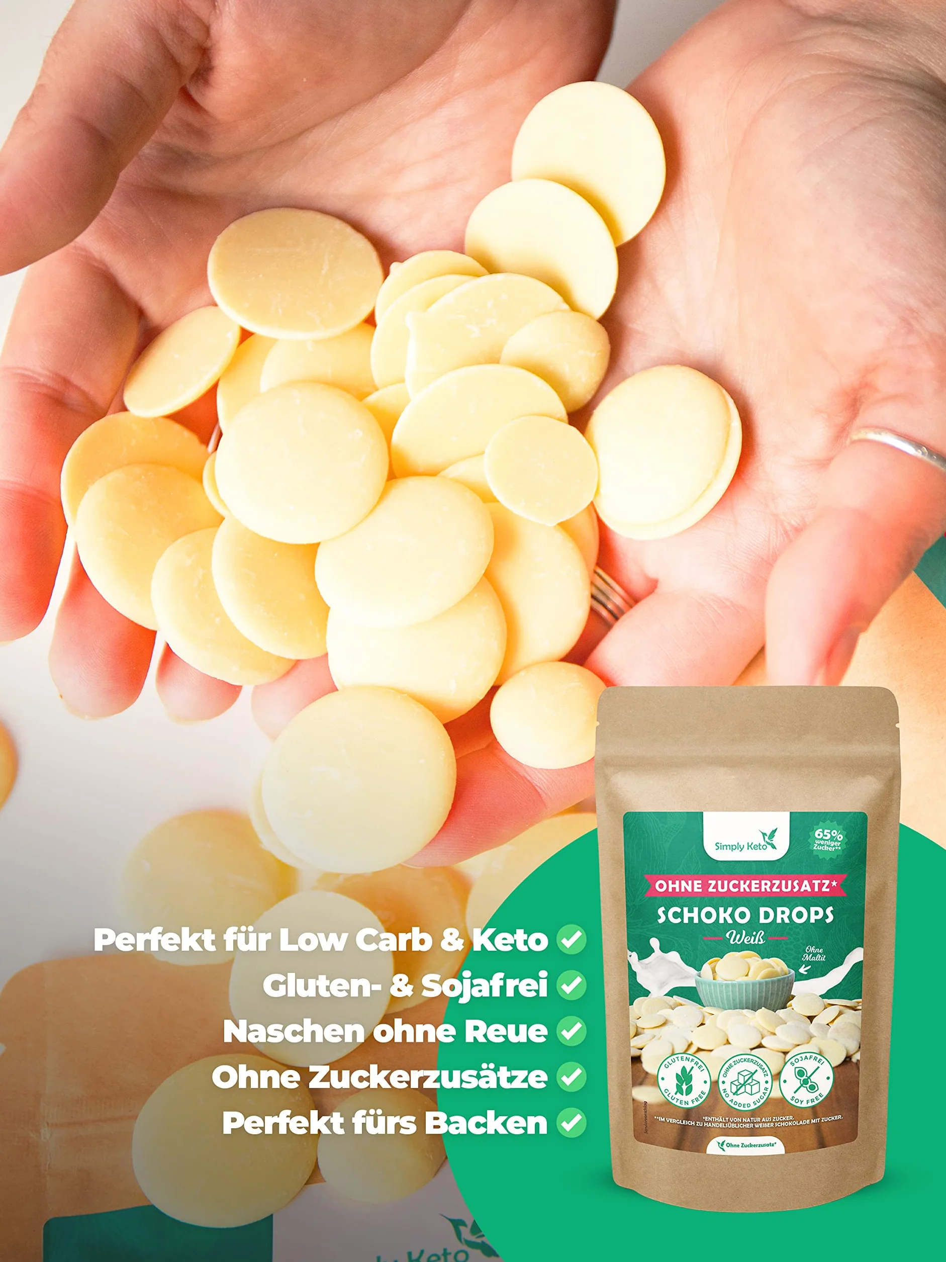 Simply Keto Lower carb* czekoladowe krople bez dodatku cukru 750 g – białe krople czekoladowe do podjadania lub pieczenia