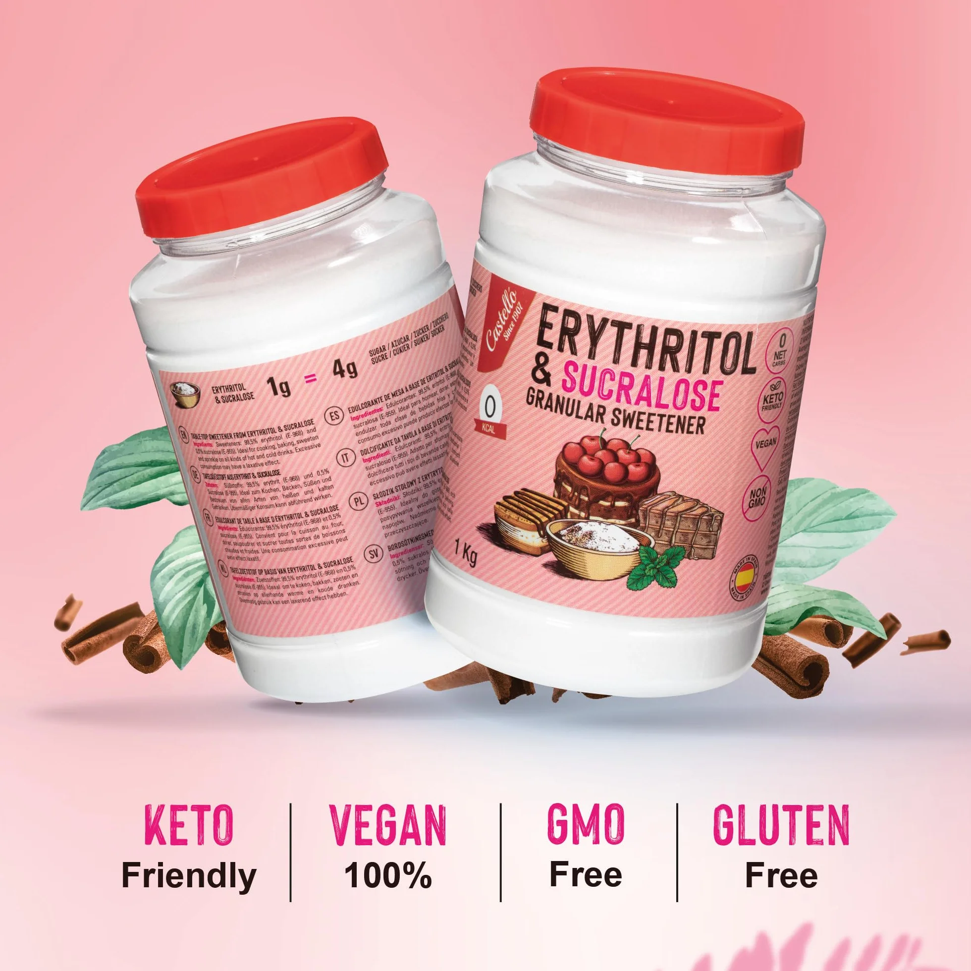 Erytritol + Sukraloza 1:4 Słodzik | 1g = 4g cukru | 0 Węglowodanów Netto - 0 Kalorii - 0 Indeks Glikemiczny - Keto - Bez GMO - Castello since 1907 - 1 kg