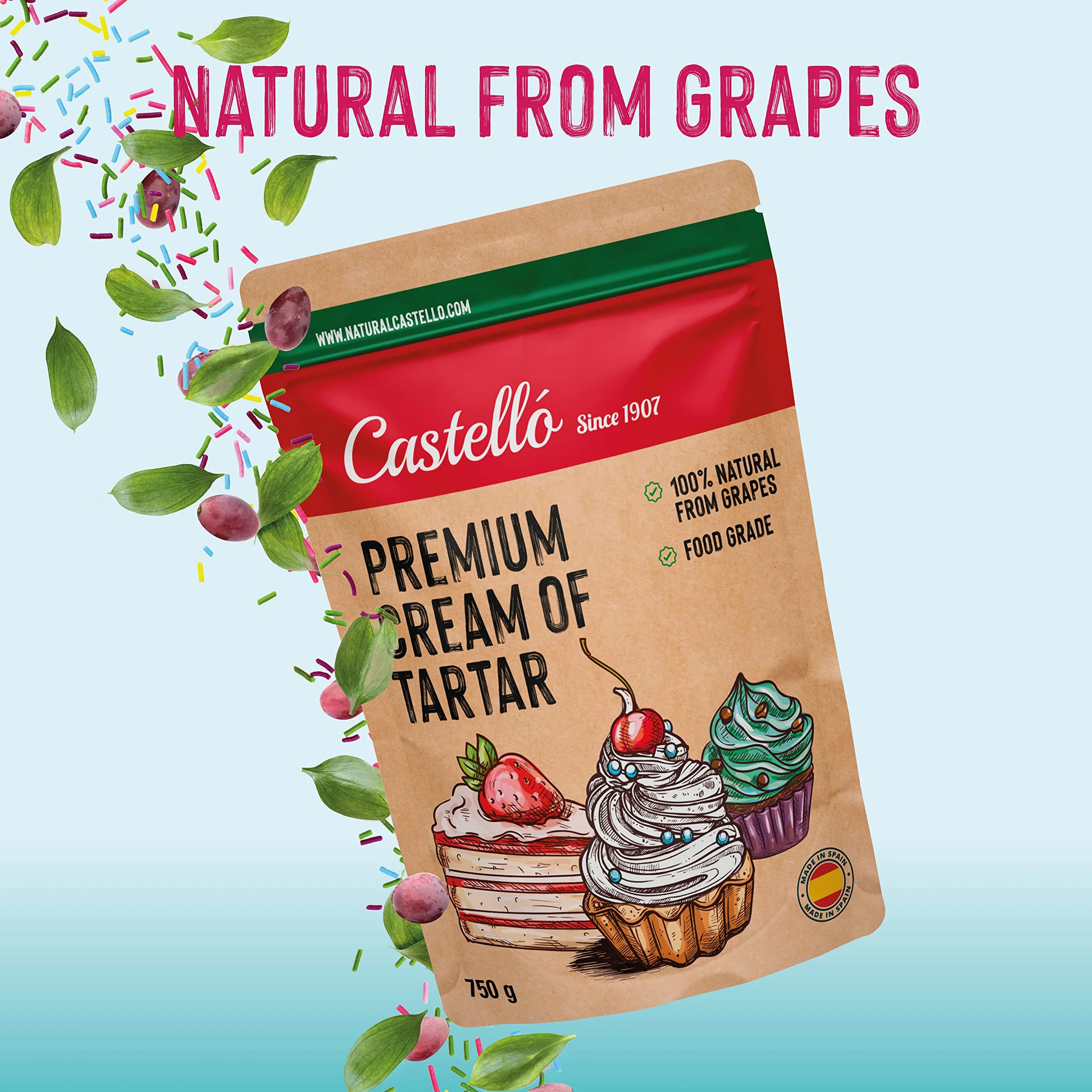 Castello since 1907 Kamień winny (Cream of Tartar) 750 g - 100% naturalny - Naturalna substytutka proszku do pieczenia - Bezglutenowy - Bez fosforanów - Keto i Paleo - Bez GMO