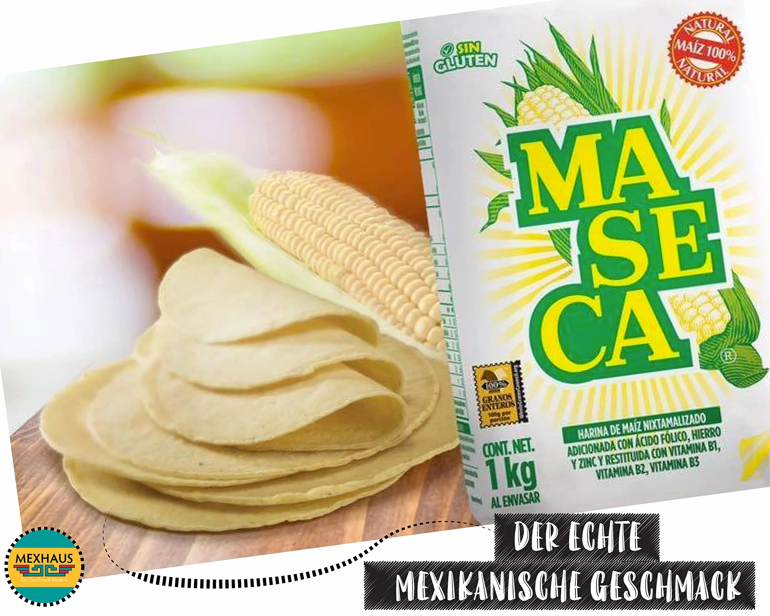Maseca z Meksyku Mąka kukurydziana na tortille 1 kg (opakowanie 2 sztuki) Harina de Maiz, Masa Harina, Mąka bezglutenowa