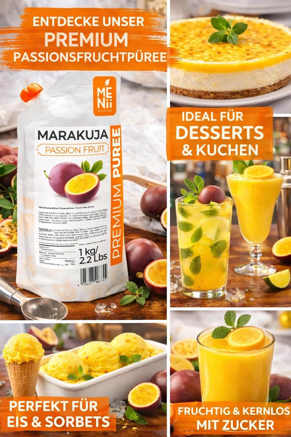 Marakuja Premium Puree Maracuja Pulpa Owocowa 1 kg do deserów, koktajli, twarogu, napojów, sorbetu, galaretki, marakui, Premium Puree, przecier owocowy