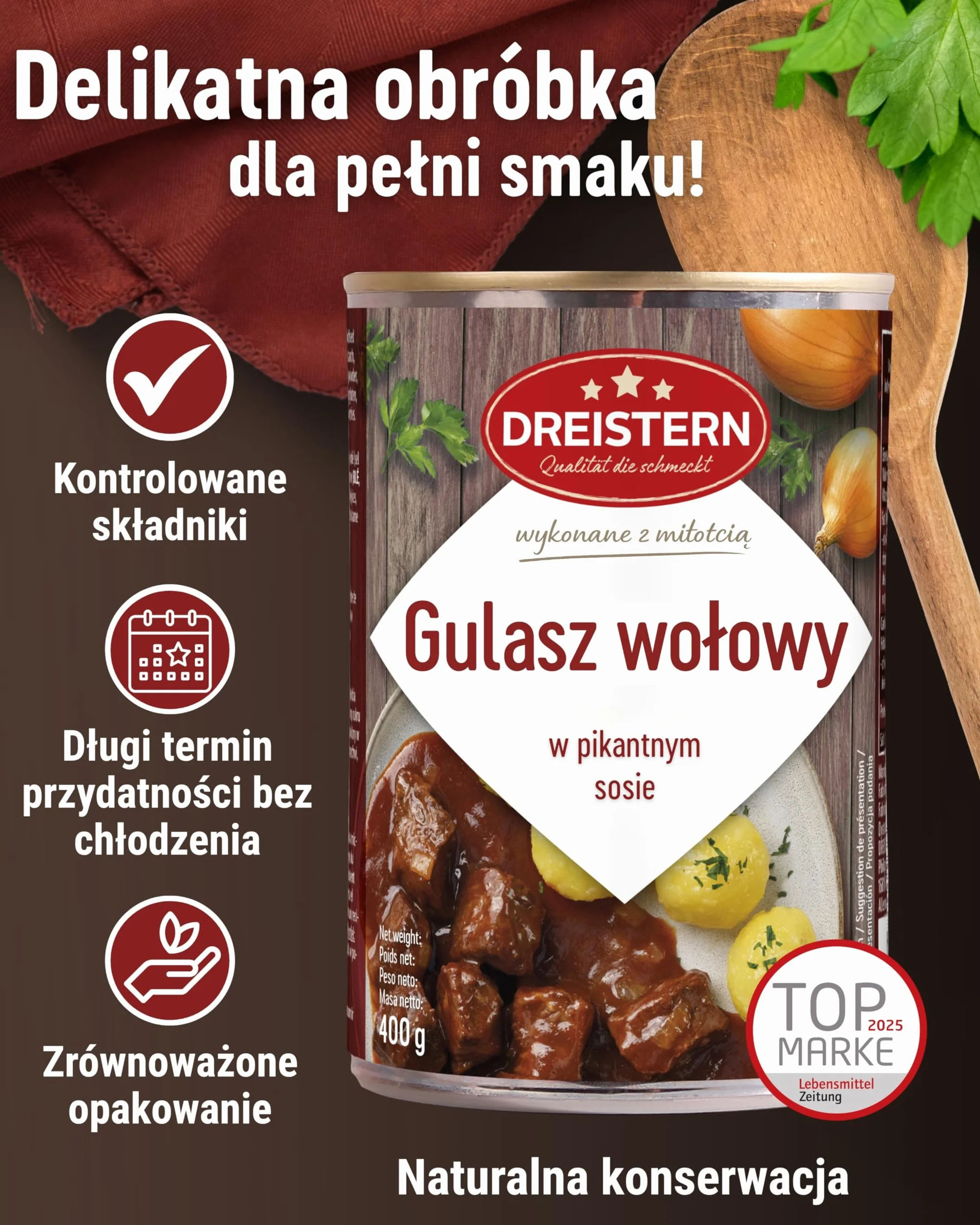 DREISTERN Gulasz wołowy z obfitym sosem | danie gotowe | pyszny gulasz w blaszanym pudełku nadającym się do recyklingu | delikatna wołowina - jakość, która dobrze smakuje