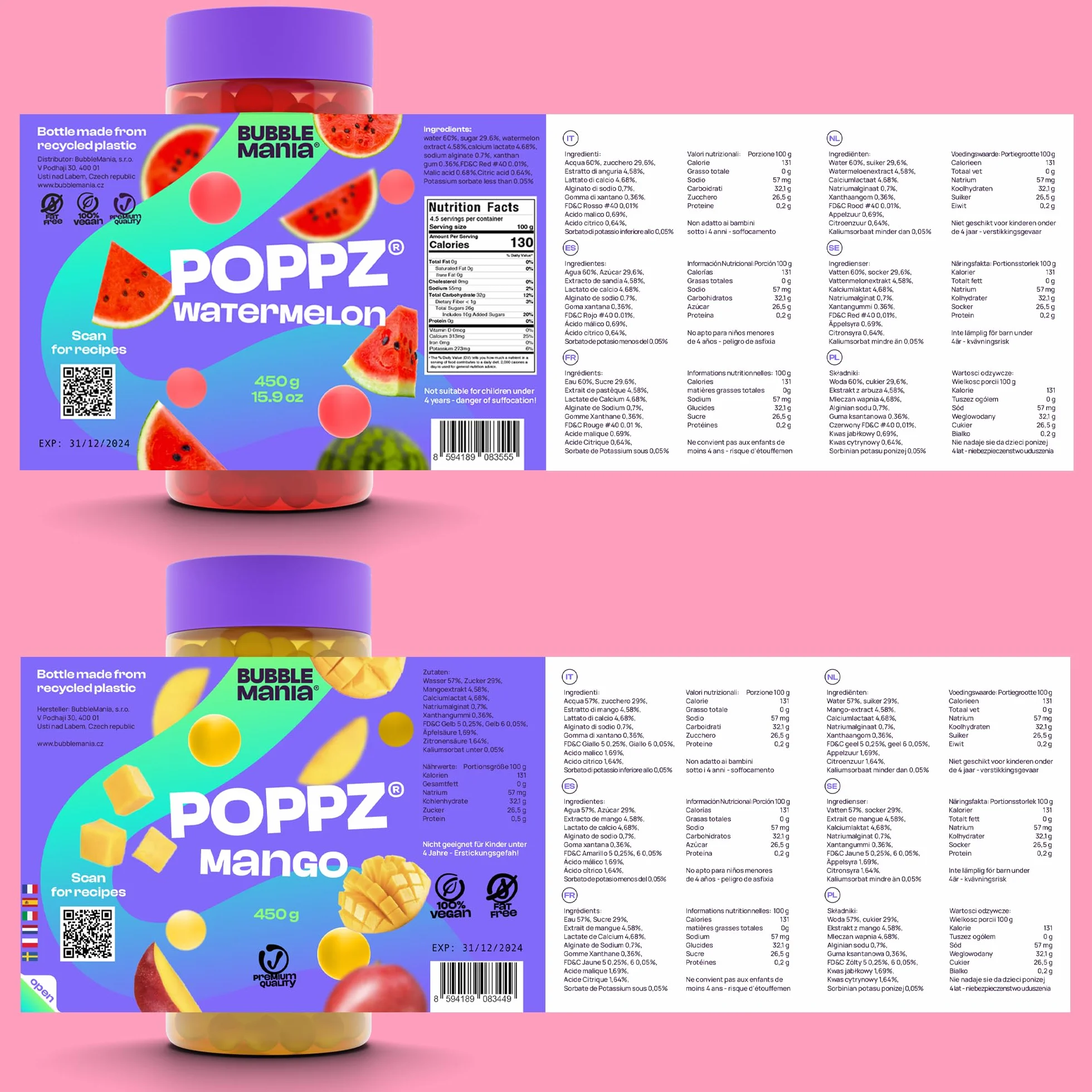 Bubble Mania Popping Boba Perły Owocowe do Bubble Tea Mango Arbuz 2 rodzaje