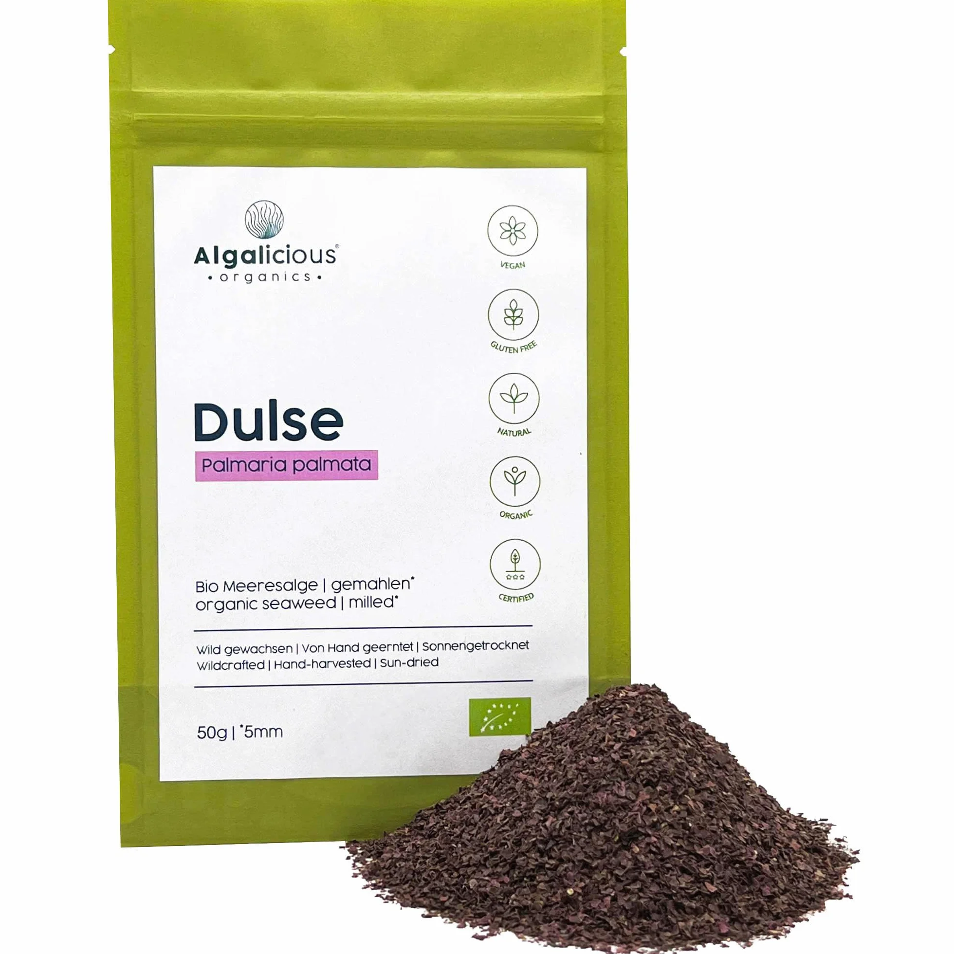 ALGALICIOUS Bio Dulse płatki | 50 g | płatki glonów dziko wyhodowane z północnego Atlantyku | Lapentang jest wegański i bezglutenowy | bogaty w minerały i białko