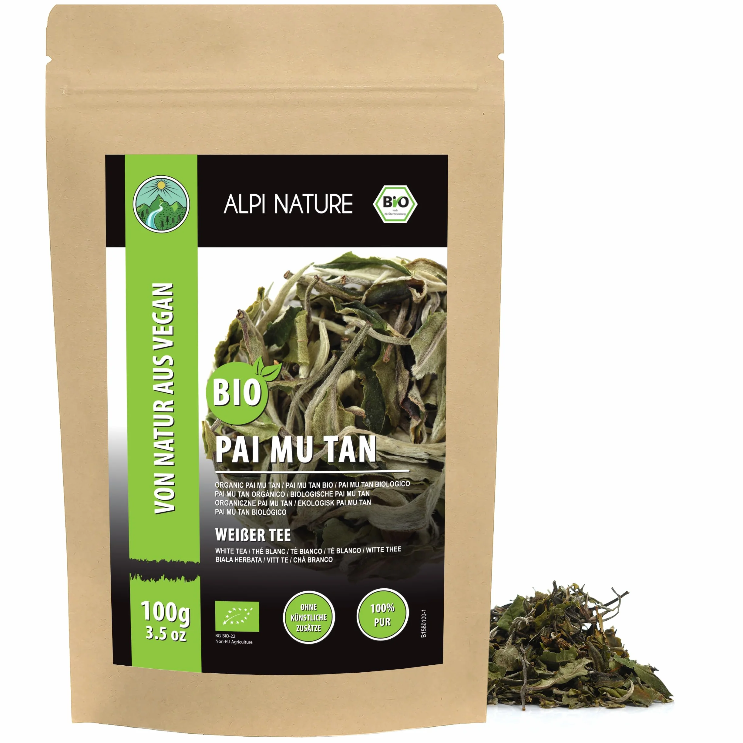 Alpi Nature Ekologiczna Herbata Pai Mu Tan 100g, Biała Herbata Pai Mu Tan, Naturalnie Zawierająca Kofeinę
