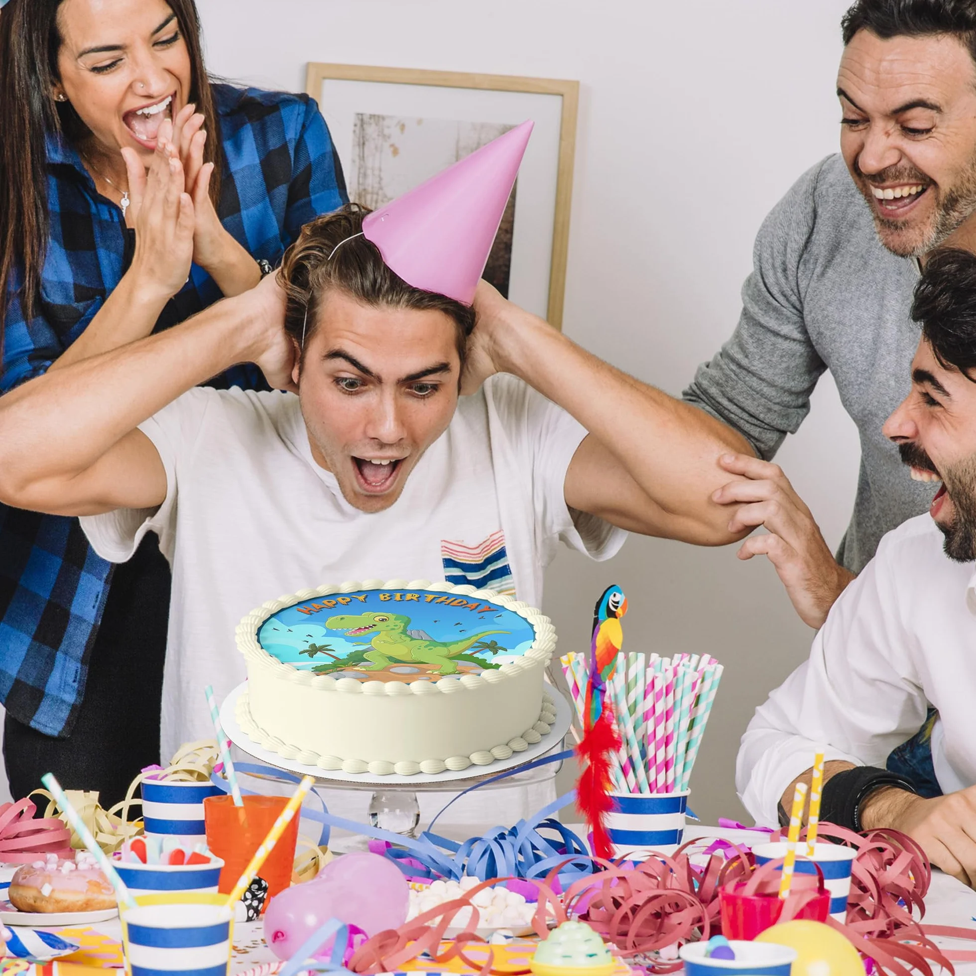 J&M DECO Nakładka na tort Dino – jadalne dinozaury dekoracja tortu Ø 20 cm – kolorowy obraz na tort na urodziny dziecka – gotowa do użycia na papierze cukrowym – Made in EU