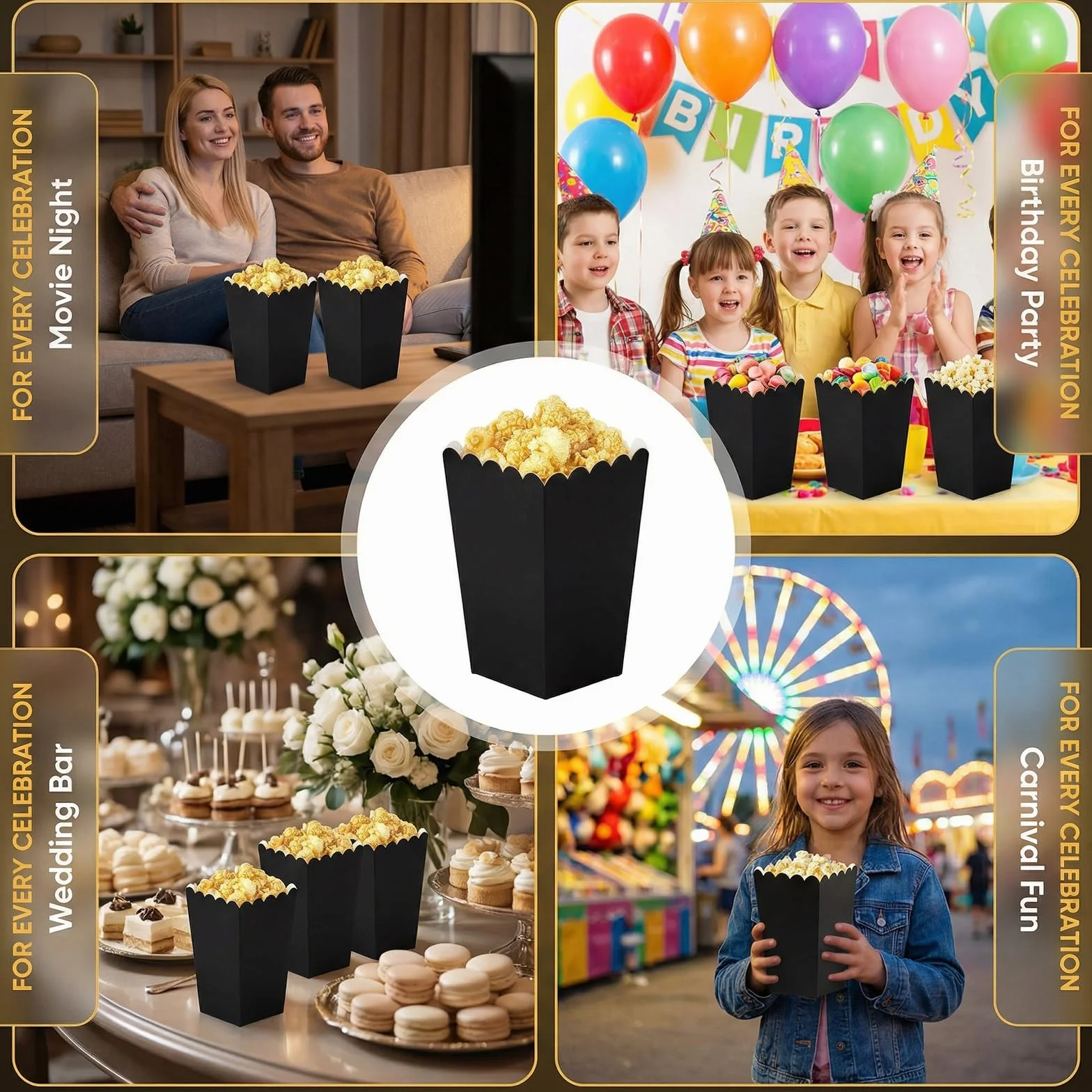 24 sztuki kartonowych pudełek na popcorn, czarne torebki na popcorn, małe pudełka na popcorn z papieru, kartonowe pudełka na przekąski, wiaderko, na imprezy, uroczystości rodzinne, do kina, na