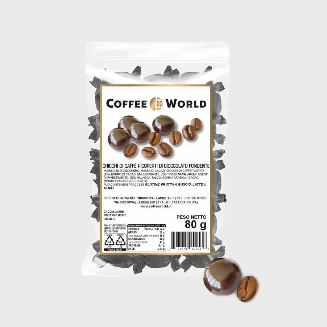 Ciocoworld espresso – ziarna kawy Arabica pokryte gorzką czekoladą, małe czekoladki w jednej porcji Coffee World 480 g (6 saszetek po 80 g)
