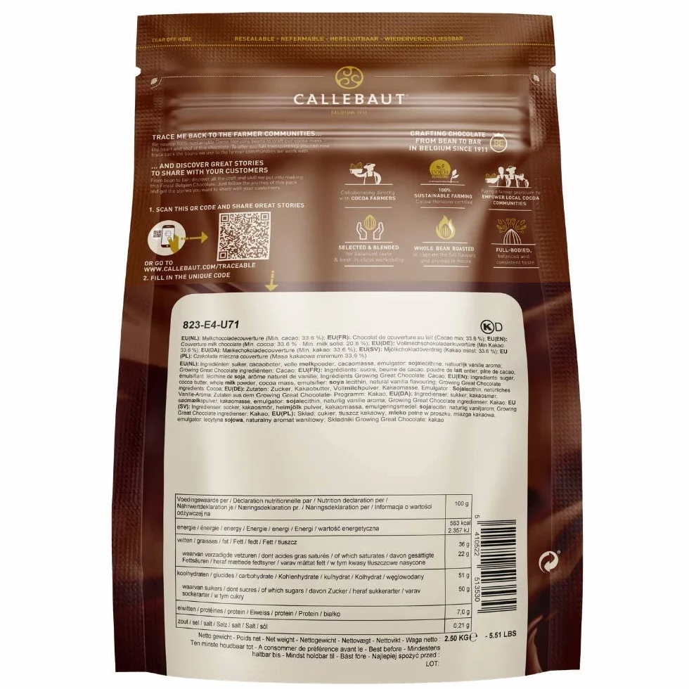 CALLEBAUT Odbiornik nr 823 Koperture Callets Vollmich Schokolade 33,6% kakao 2,5 kg 1 opakowanie