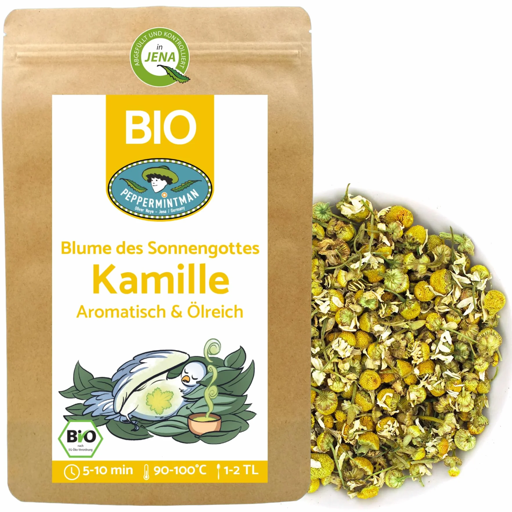 Bio herbata rumiankowa 300 g z Europy – wysokoolejowa – suszone całe kwiaty rumianku – aromatyczna i bogata w olej – bezpośrednio z europejskiego zakładu rodzinnego PEPPERMINTMAN