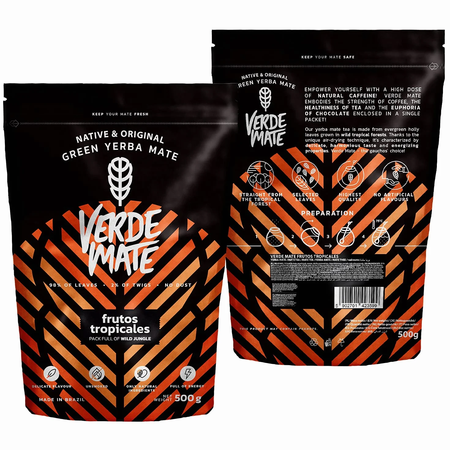 Verde Mate Green Frutos Tropicales 0,5 kg | Pobudzająca yerba mate z owocami tropikalnymi 500 g | Łagodny smak | Naturalna kofeina | Herbata Yerba Mate z Brazylii | 500 g