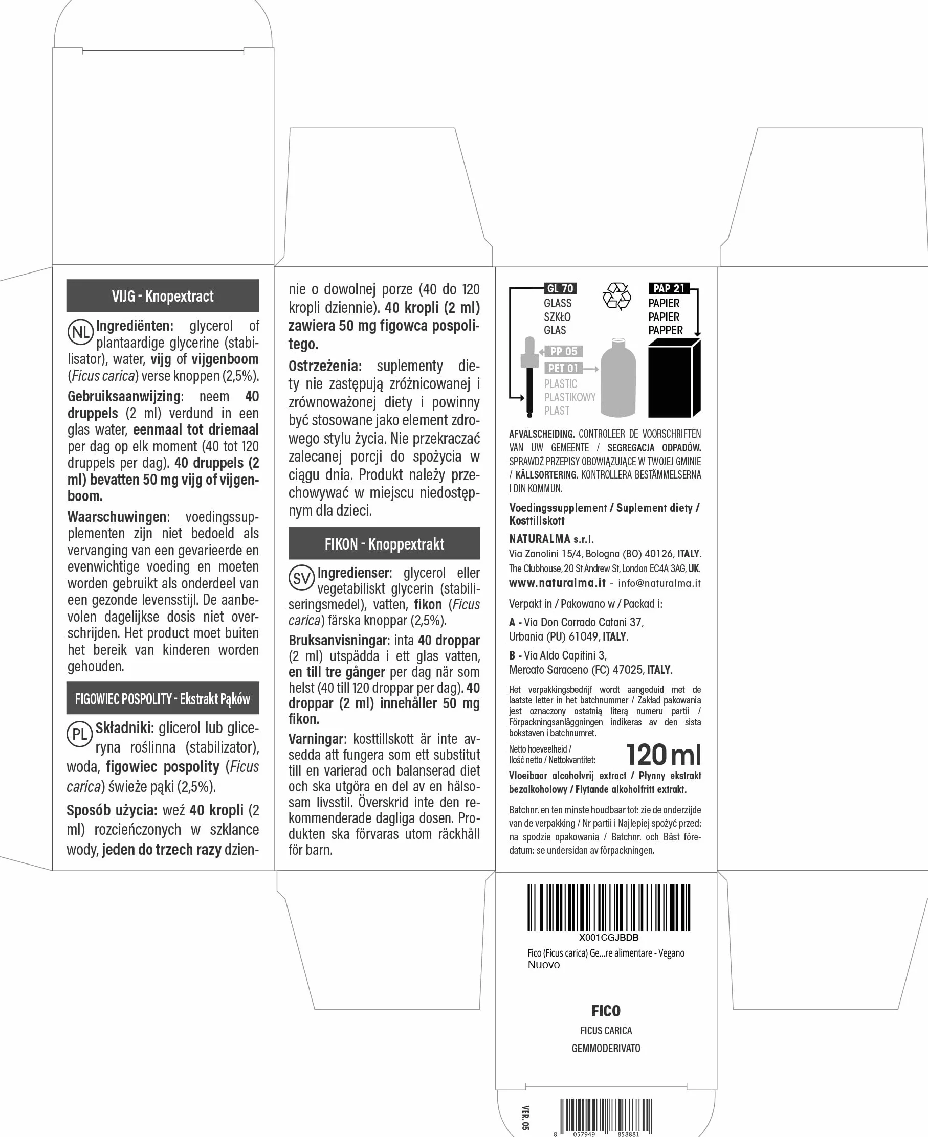 Figowiec pospolity (Ficus carica) Bezalkoholowy ekstrakt ze świeżych pączków Naturalma - Płynny ekstrakt w kroplach 120 ml - Suplement diety - Wegański