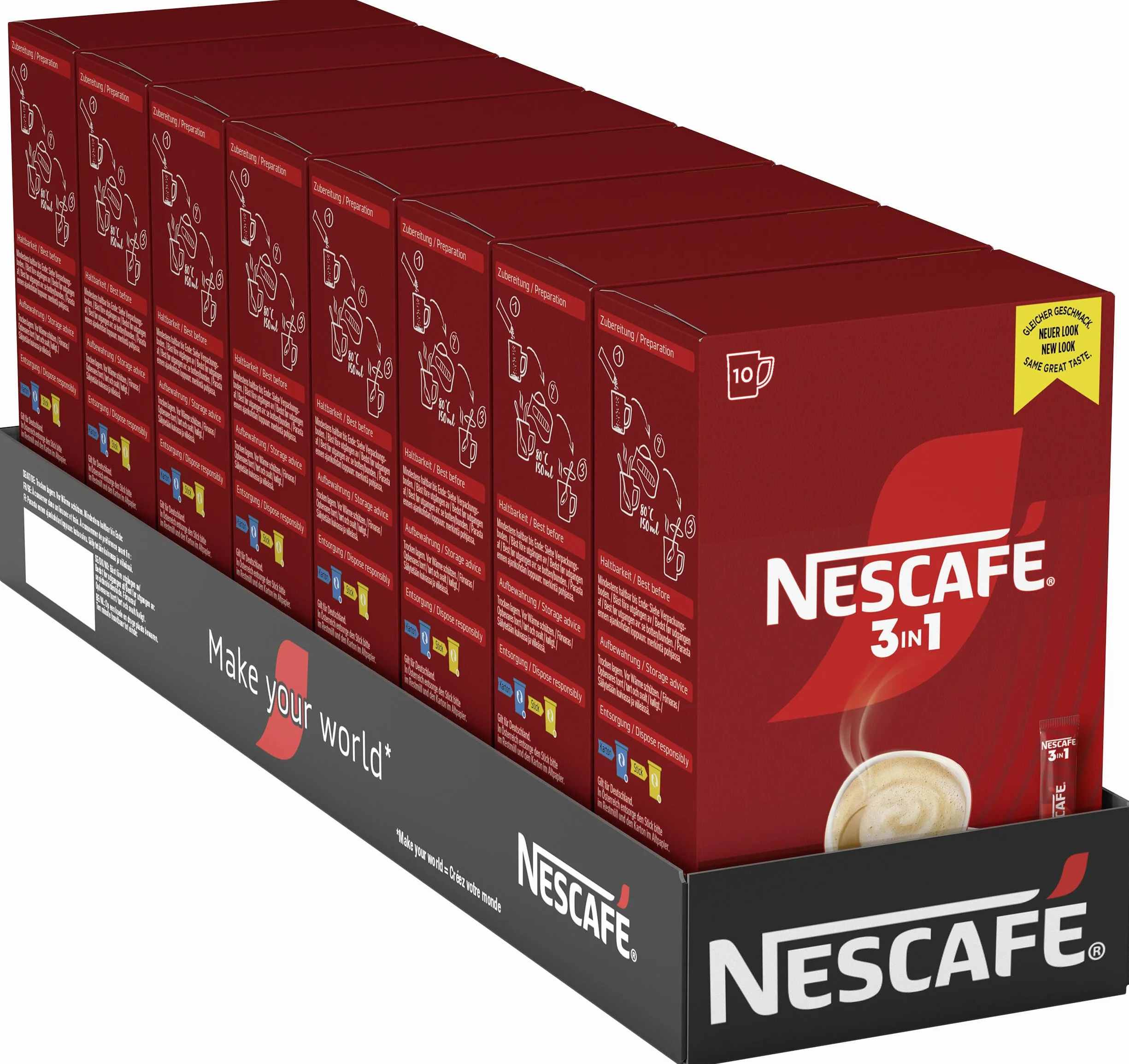 NESCAFÉ 3 w 1 pałeczki do napojów w proszku, rozpuszczalna kawa ziarnista z kremem i cukrem, kawa rozpuszczalna z wyszukanych ziaren kawy, zawierająca kofeinę, 8 sztuk (8 x 10 pałeczek po 16,5 g)