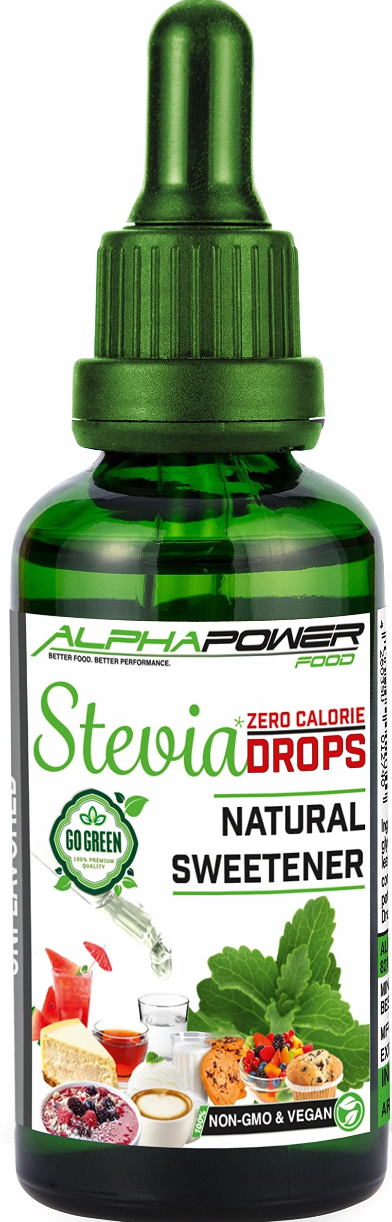ALPHAPOWER FOOD Oryginalne krople cukru ze stewii, 1 x 100 ml, wegańskie i wolne od GMO, płynny substytut cukru bez kalorii, płynny słodzik do kropli, bez smaku do pieczenia i płynów