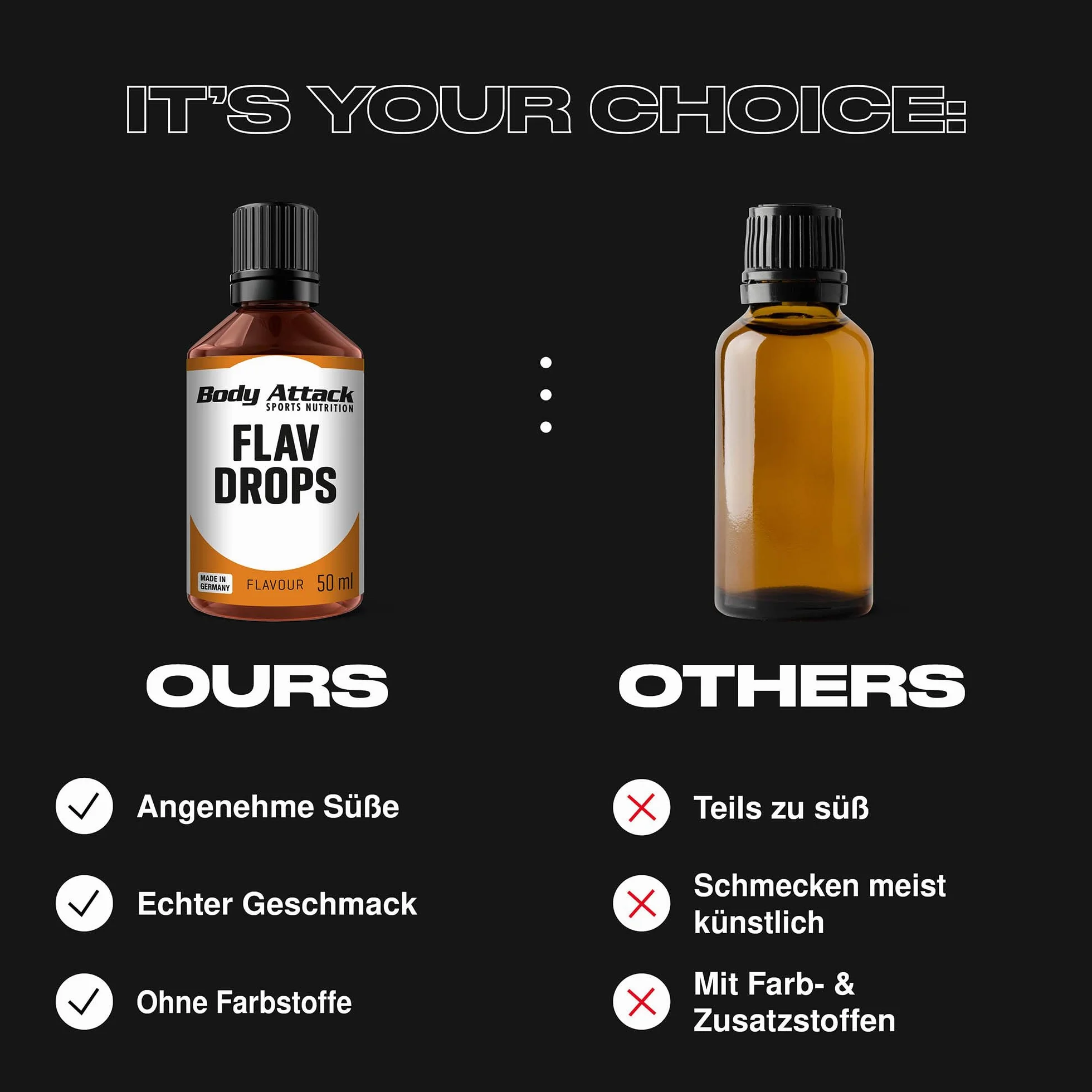 Body Attack Flav Drops®, 50 ml, Cookies'n Cream, krople aromatyczne do żywności, bez cukru, bez kalorii, wegańskie i wysokiej jakości, Made in Germany