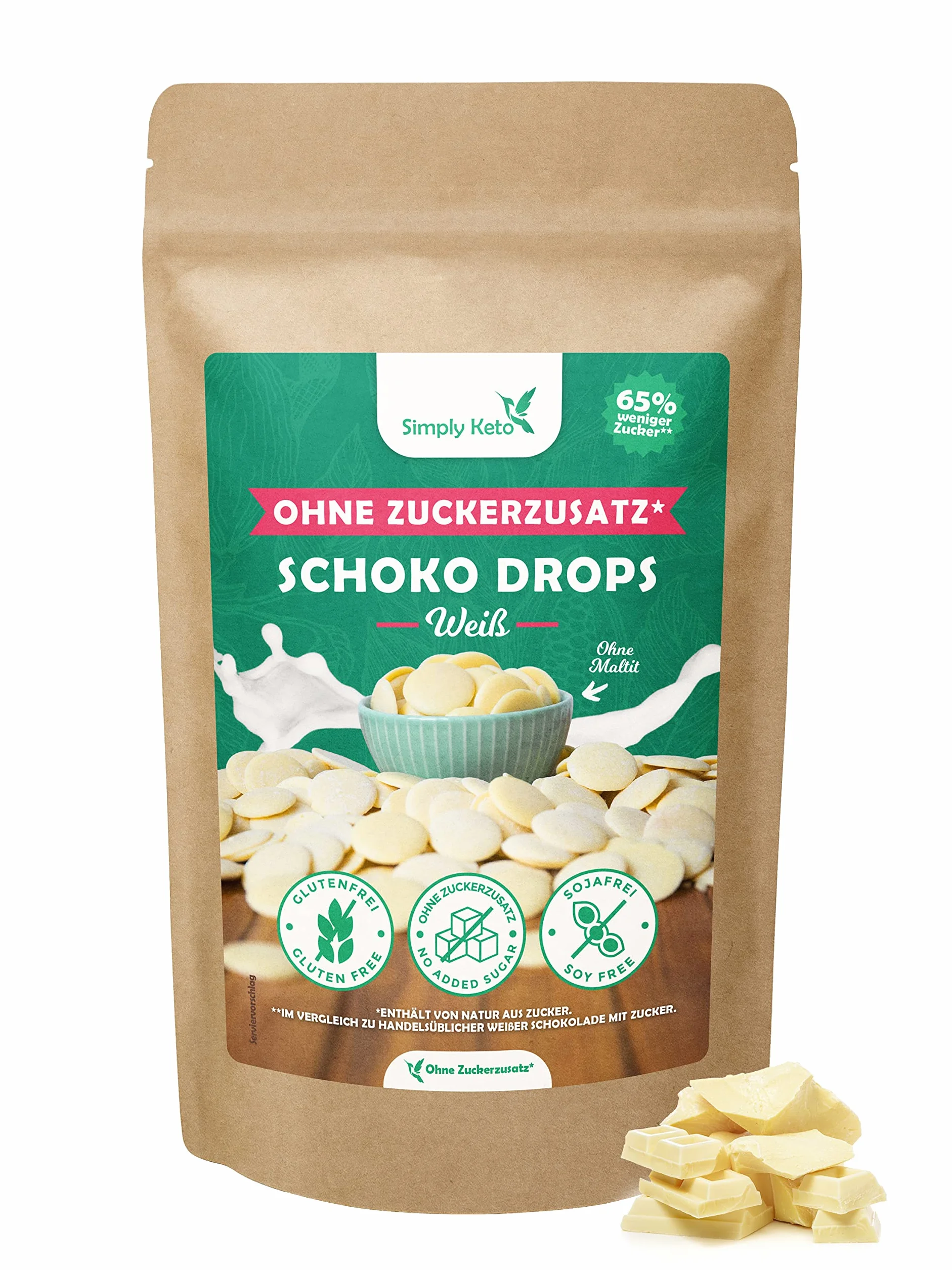 Simply Keto Lower carb* czekoladowe krople bez dodatku cukru 750 g – białe krople czekoladowe do podjadania lub pieczenia