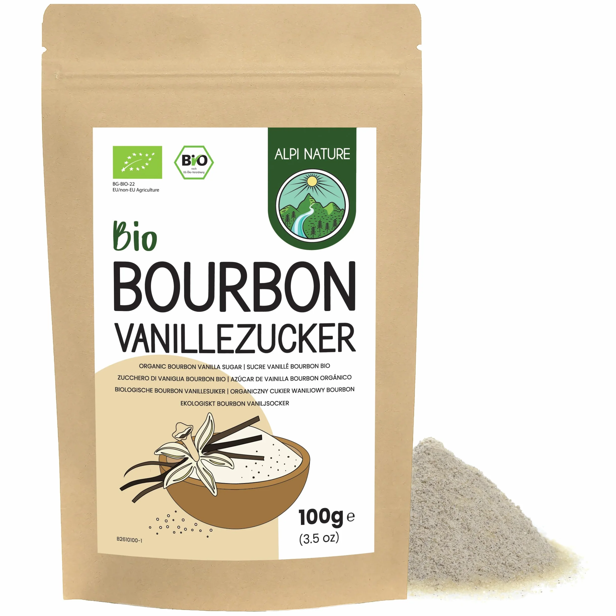 Alpi Nature Ekologiczny Cukier Waniliowy Bourbon 100g, Premium Mieszanka Cukru Pudru i Wanilią z Madagaskaru